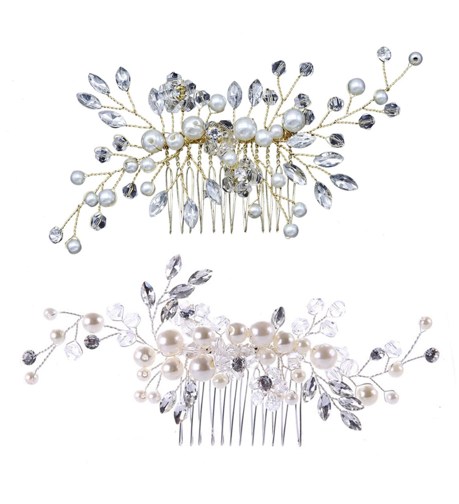 XJ-HOME Crystal Bridal Wedding Hair Comb with Pearl Accents - White Rhinestone Tiara for Women and Girls | Silver and Gold Hair Accessories - Buy Online on GoSupps.com