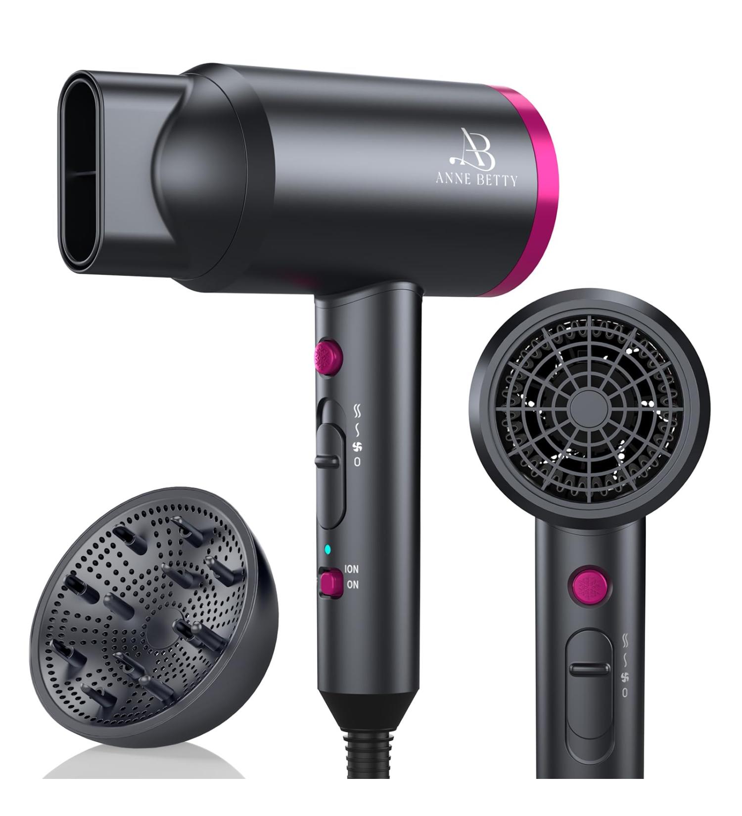 1800W Ionic Hair Dryer with Diffuser - Portable Blow Dryer for Curly Hair | Lightweight Fast Drying for Men & Women - Grayish-Black - Buy Online on GoSupps.com
