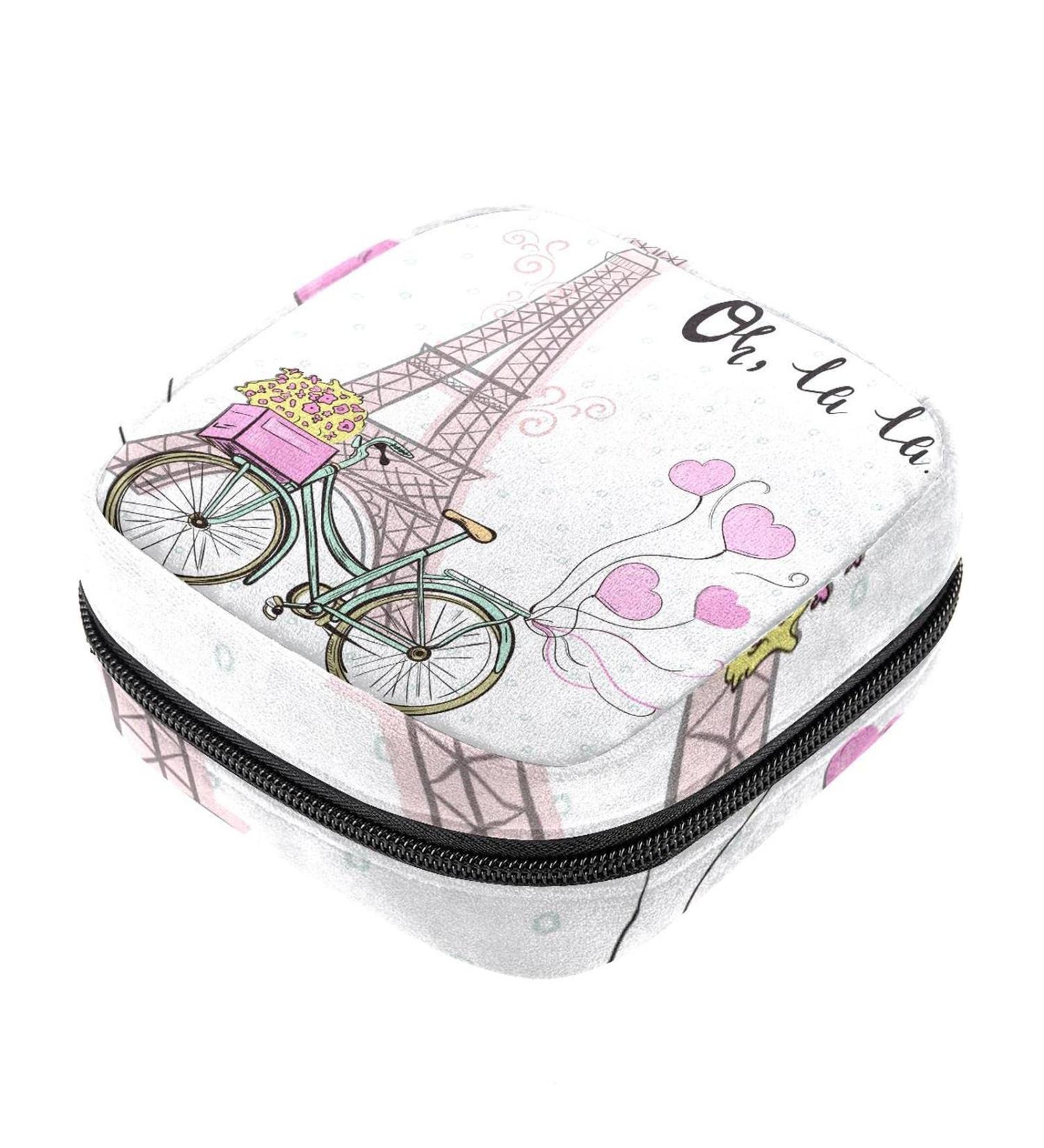 Stylish Menstruation Bag with Zipper - Women's Napkin & Tampon Collection Bag Featuring Paris Eiffel Tower & Bicycle Design - Buy Online on GoSupps.com