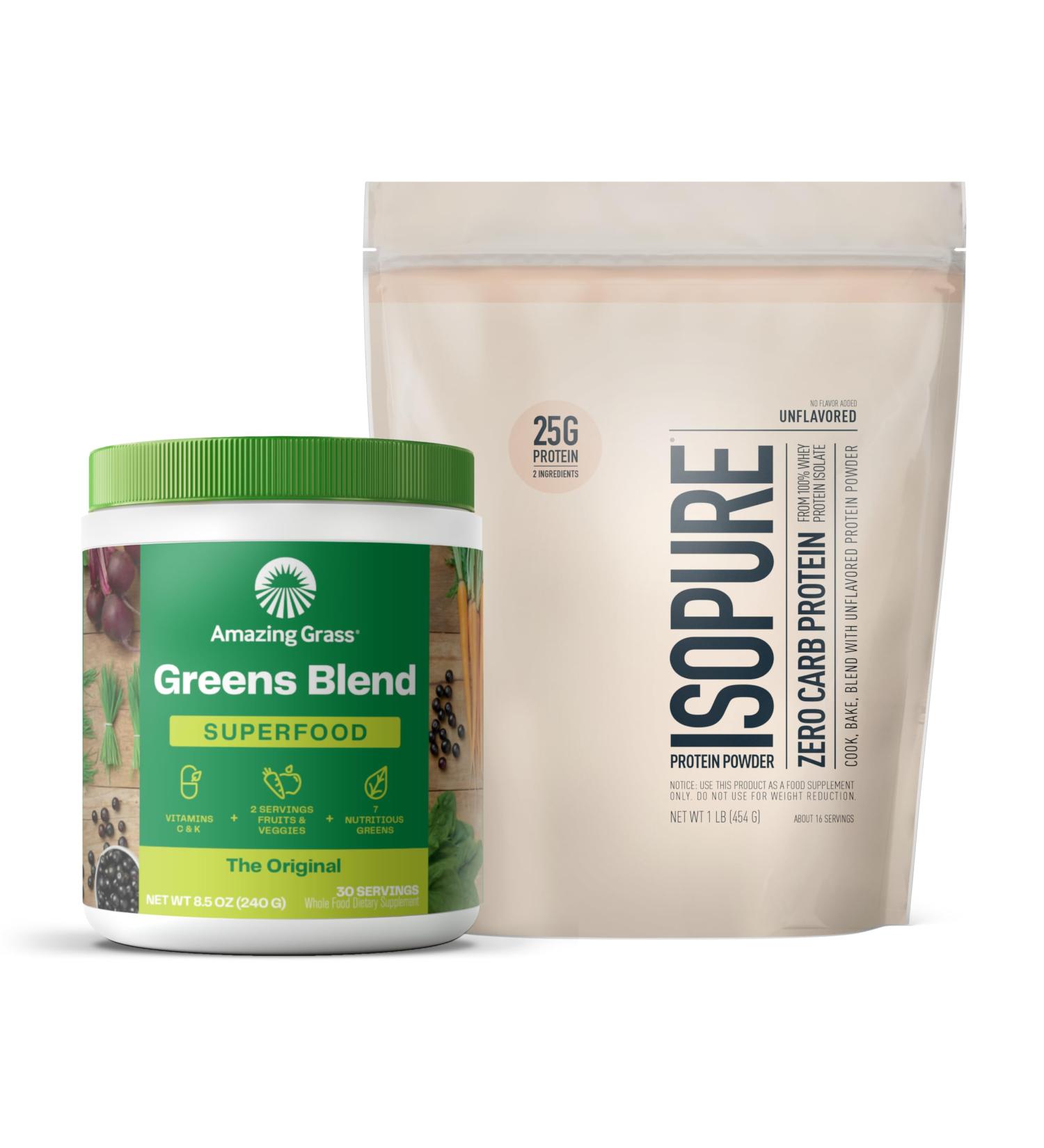 Build Your Smoothie Best Seller Bundle- Isopure Unflavored Zero Carb Protein Powder (16 Servings) and Amazing Grass Greens Original Blend Superfood (30 Servings) - Buy Online on GoSupps.com