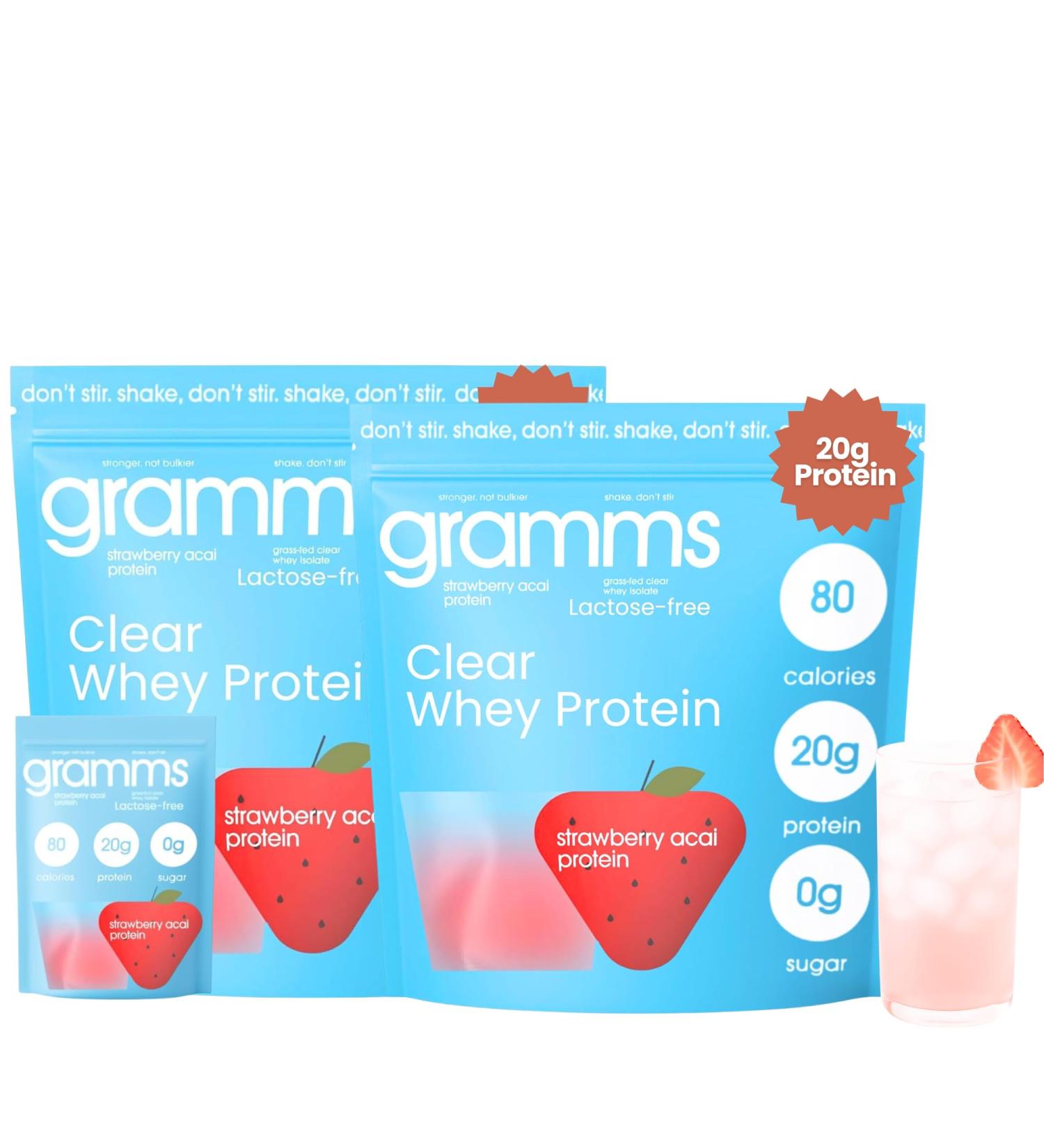 GRAMMS Clear Protein Powder 20G Protein for Women & Men | Grass-Fed Whey Isolate Zero Sugar Zero Lactose Non-Bloating Non-GMO (Strawberry Acai Bundle) - Buy Online on GoSupps.com