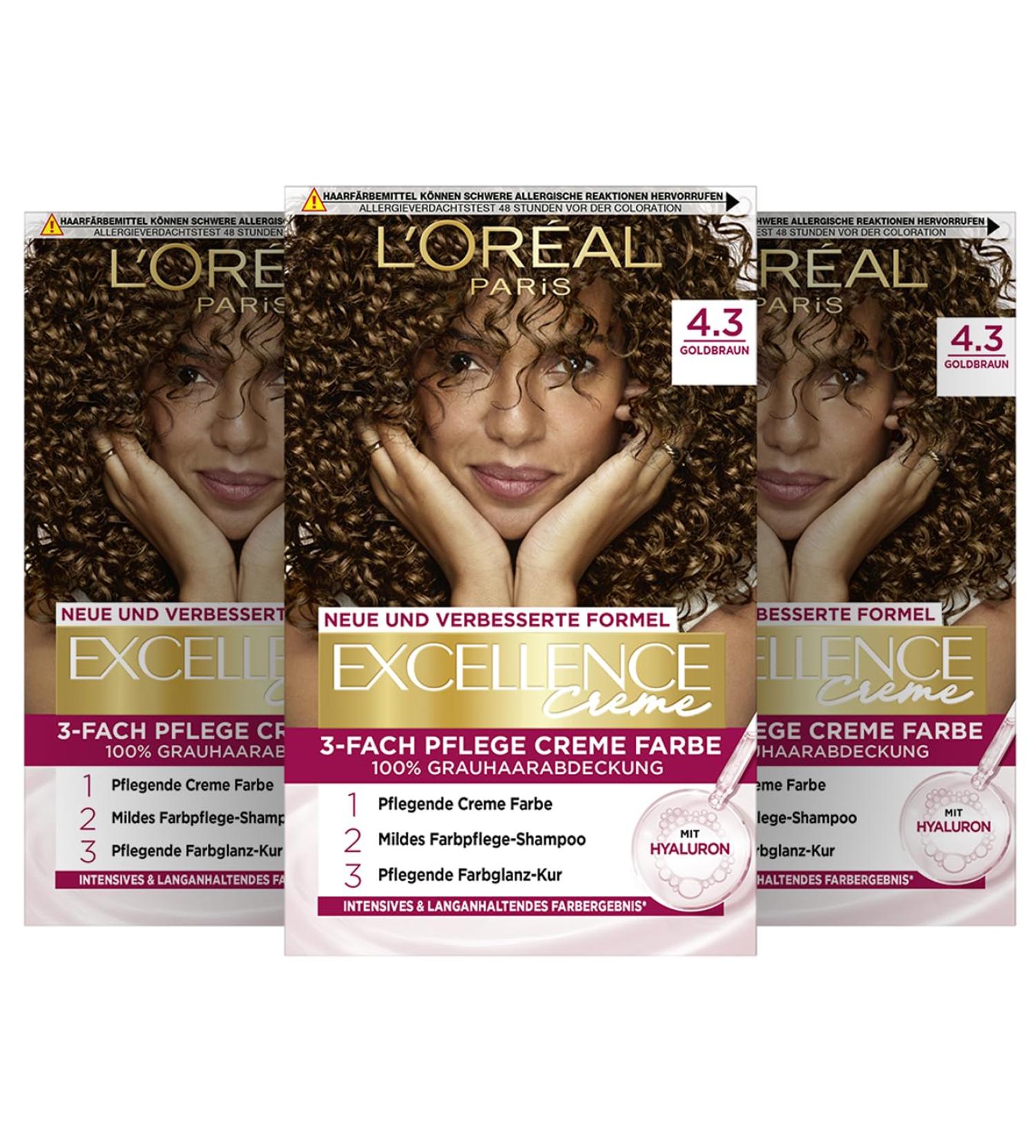 L'Or al Paris Excellence Cream 4.3 Golden Brown - 100% Gray Coverage Hair Color with Shampoo & 3-Way Care - 3 x 268g Pack | International Shipping - Buy Online on GoSupps.com