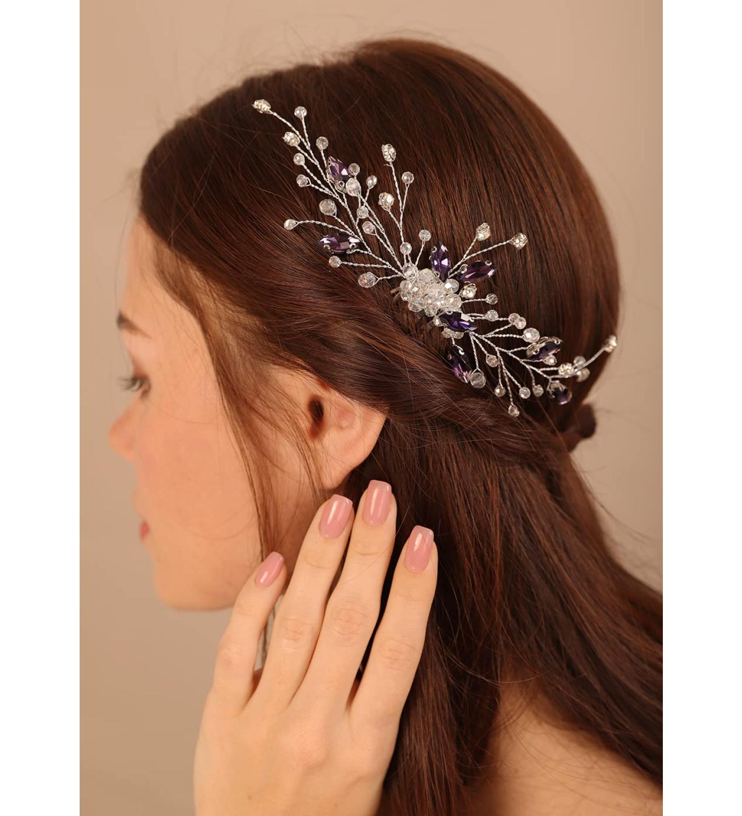 Deniferymakeup Purple Rhinestones Hair Comb Purple Hairpiece Wedding Bridal Violet Hair Accessory for Women and Girls (Silver) - Buy Online on GoSupps.com
