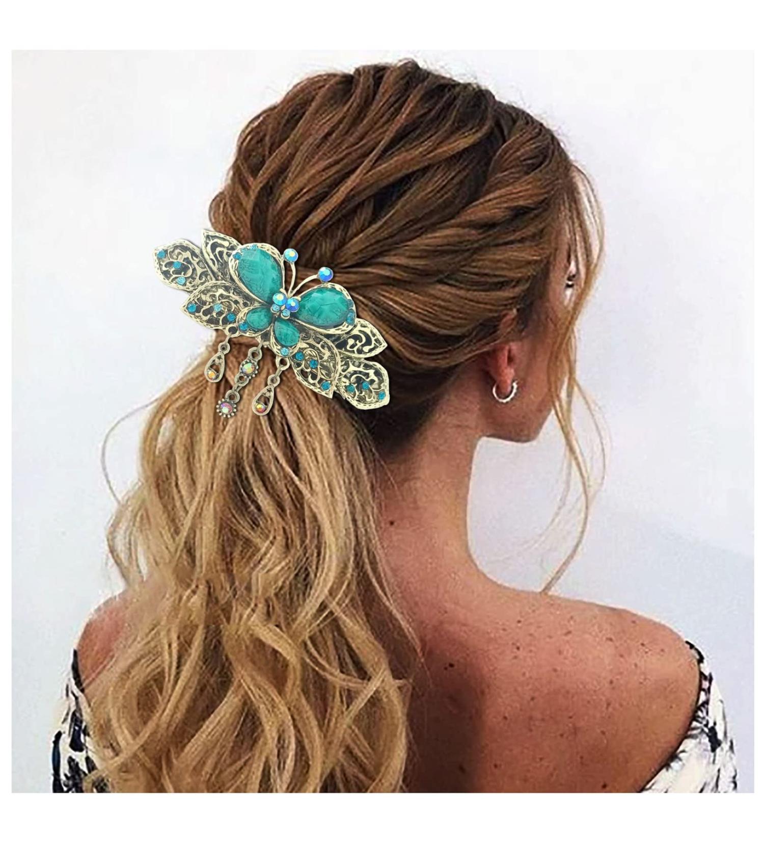 Vintage French Rhinestone Flower Butterfly Hair Clips for Women & Teens - Blue Hair Claws & Accessories - Buy Online on GoSupps.com