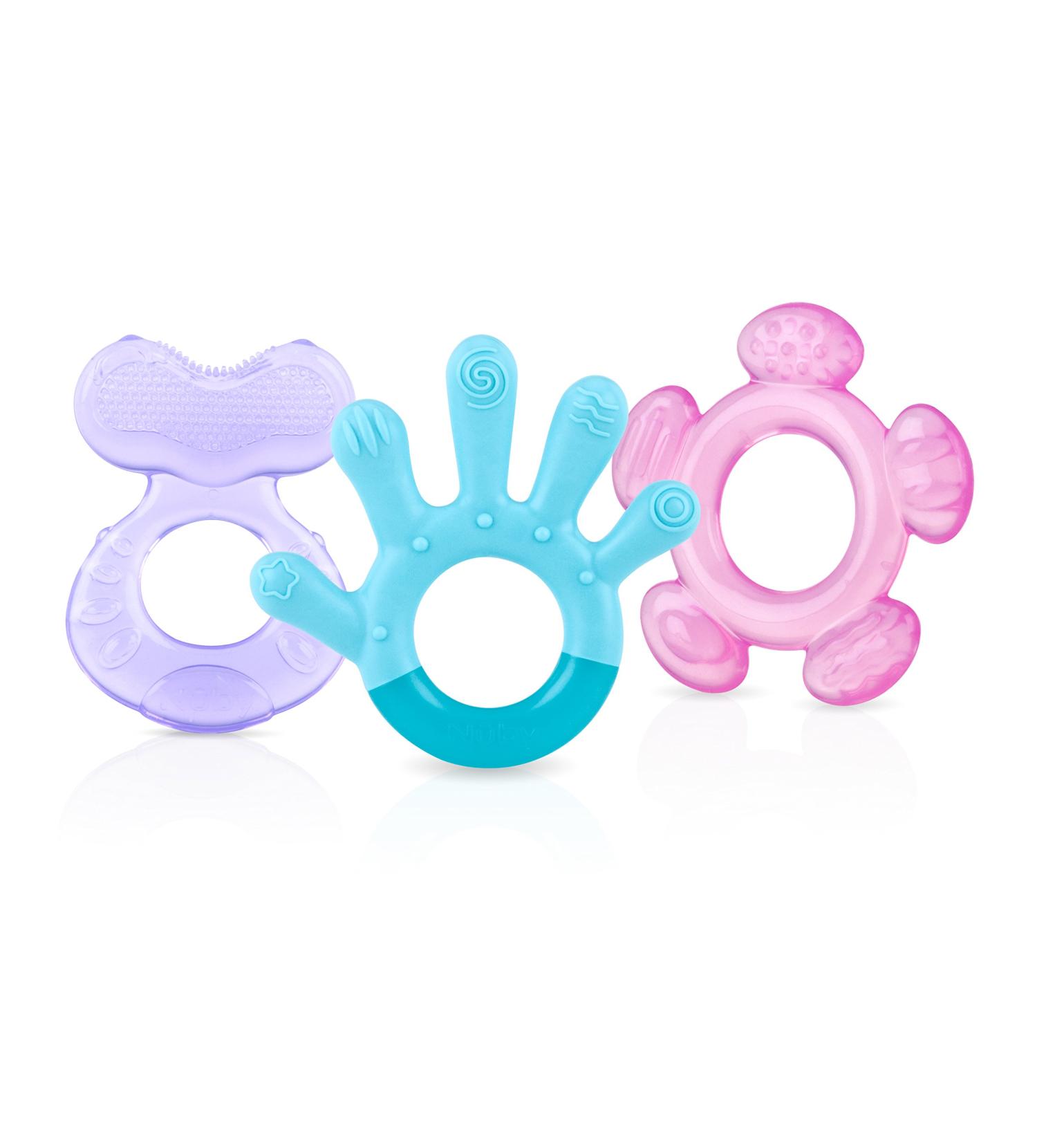 Nuby 3 Step Soothing Teether 3 Piece Set- Front  Middle  Back Teeth Teething- Pink/Purple  3 m+