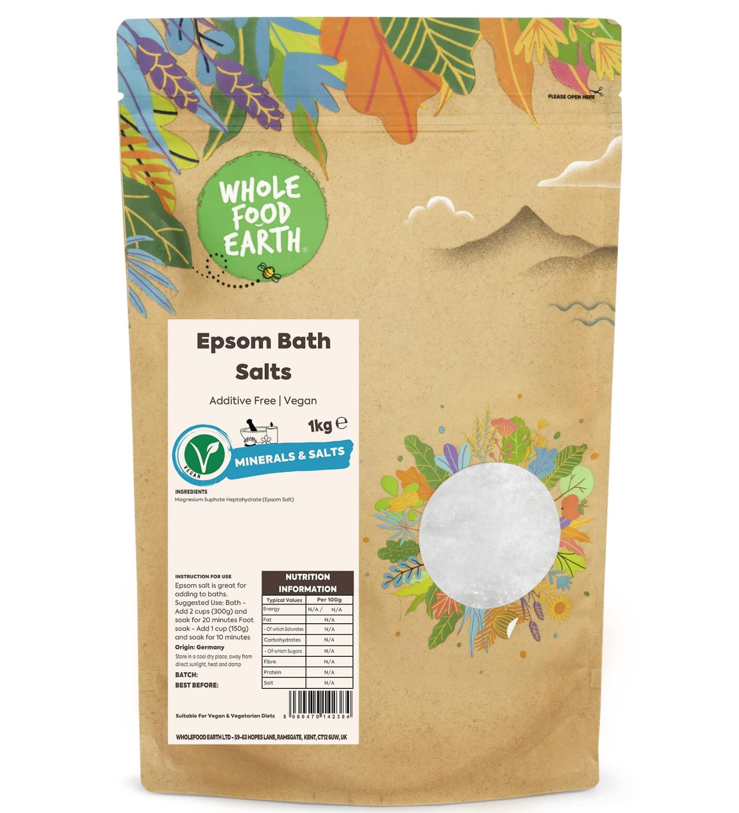 Wholefood Earth 1kg Unrefined Epsom Salts - Additive Free | Natural Magnesium Sulfate for Relaxation and Wellness - Buy Online on GoSupps.com