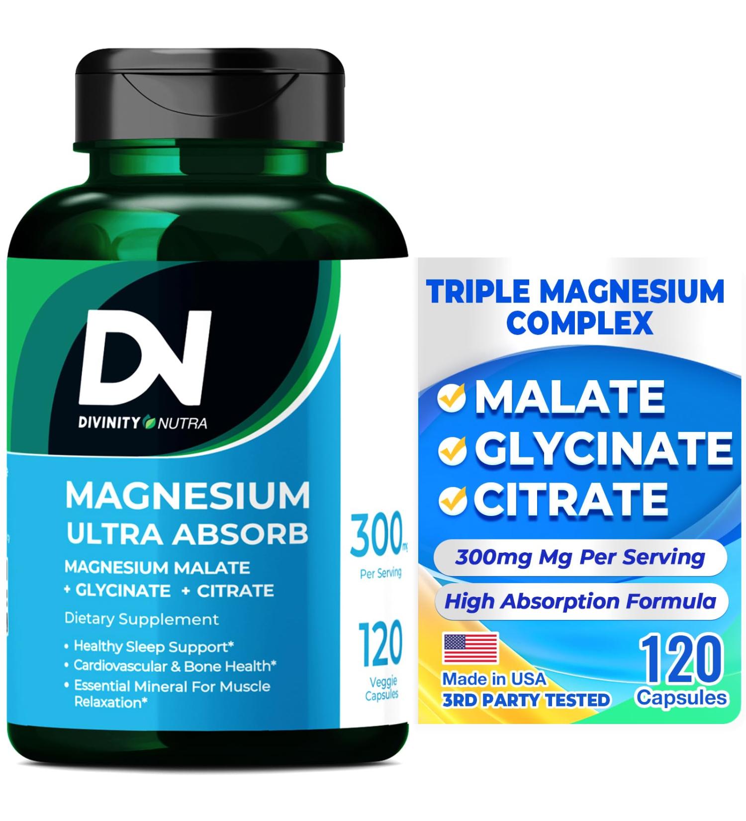 Triple Magnesium Complex Supplement,300mg of Magnesium Glycinate Malate & Citrate for Muscles Nerves & Energy High Absorption 120 Vegan Capsules,Non-GMO USA Made - Buy Online on GoSupps.com