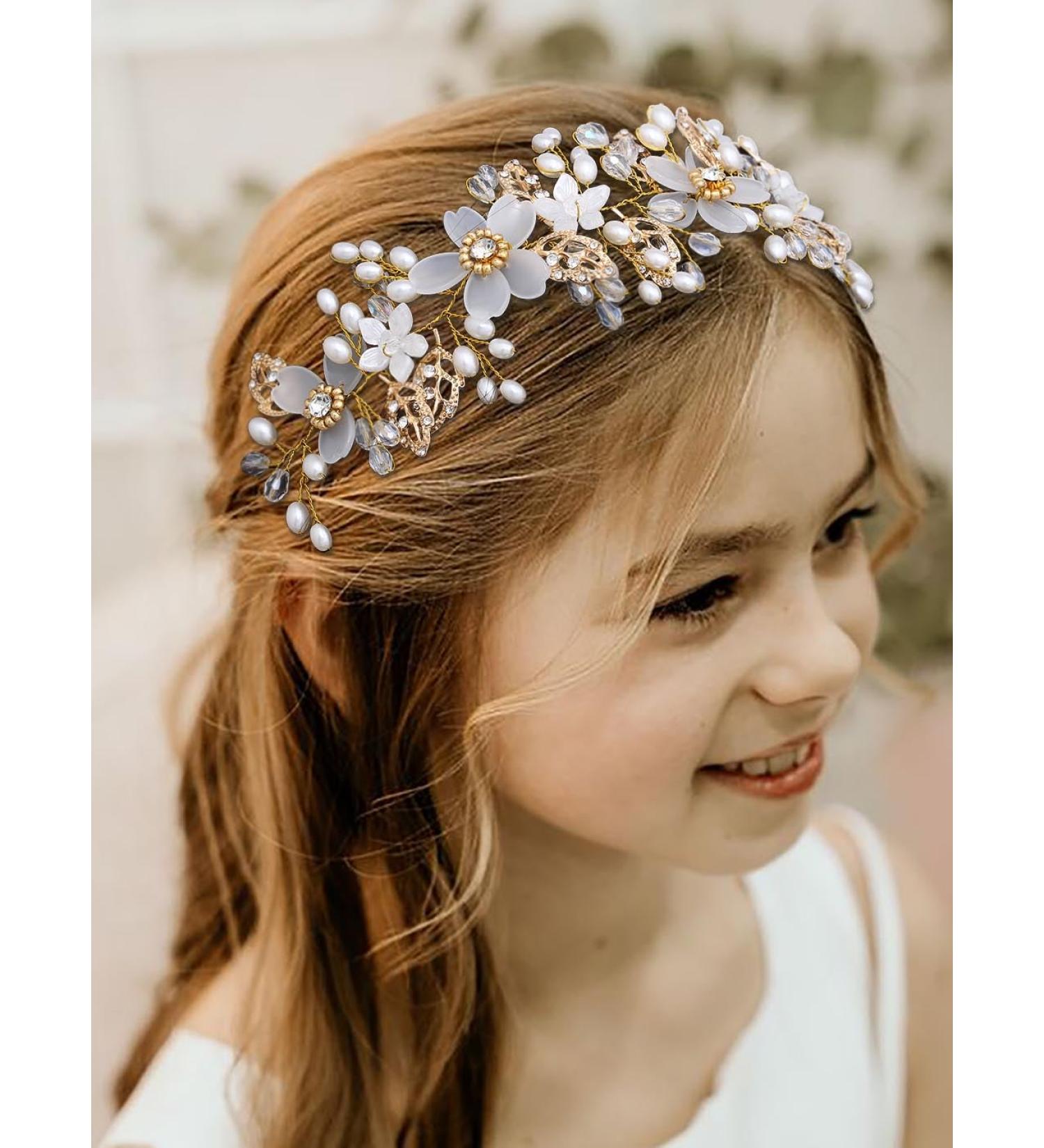 IYOU Flower Girl Headpiece Gold Flower Pearl Headband Leaf Crystal Bridal Wedding Hair Accessories for Girls - Buy Online on GoSupps.com