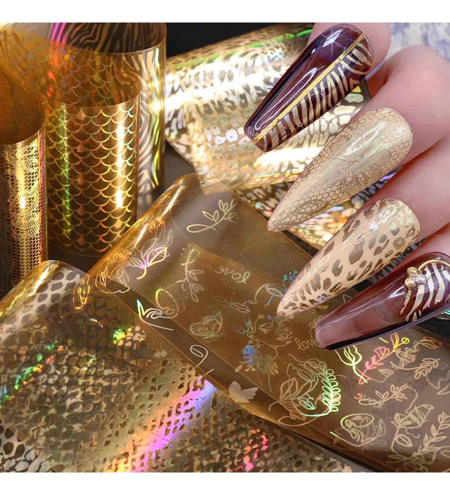 Gold Nail Foil Transfer Stickers - Holographic Designer Nail Art Supplies - 3D Glitter Line Manicure Accessories - 16 Sheets - Buy Online on GoSupps.com