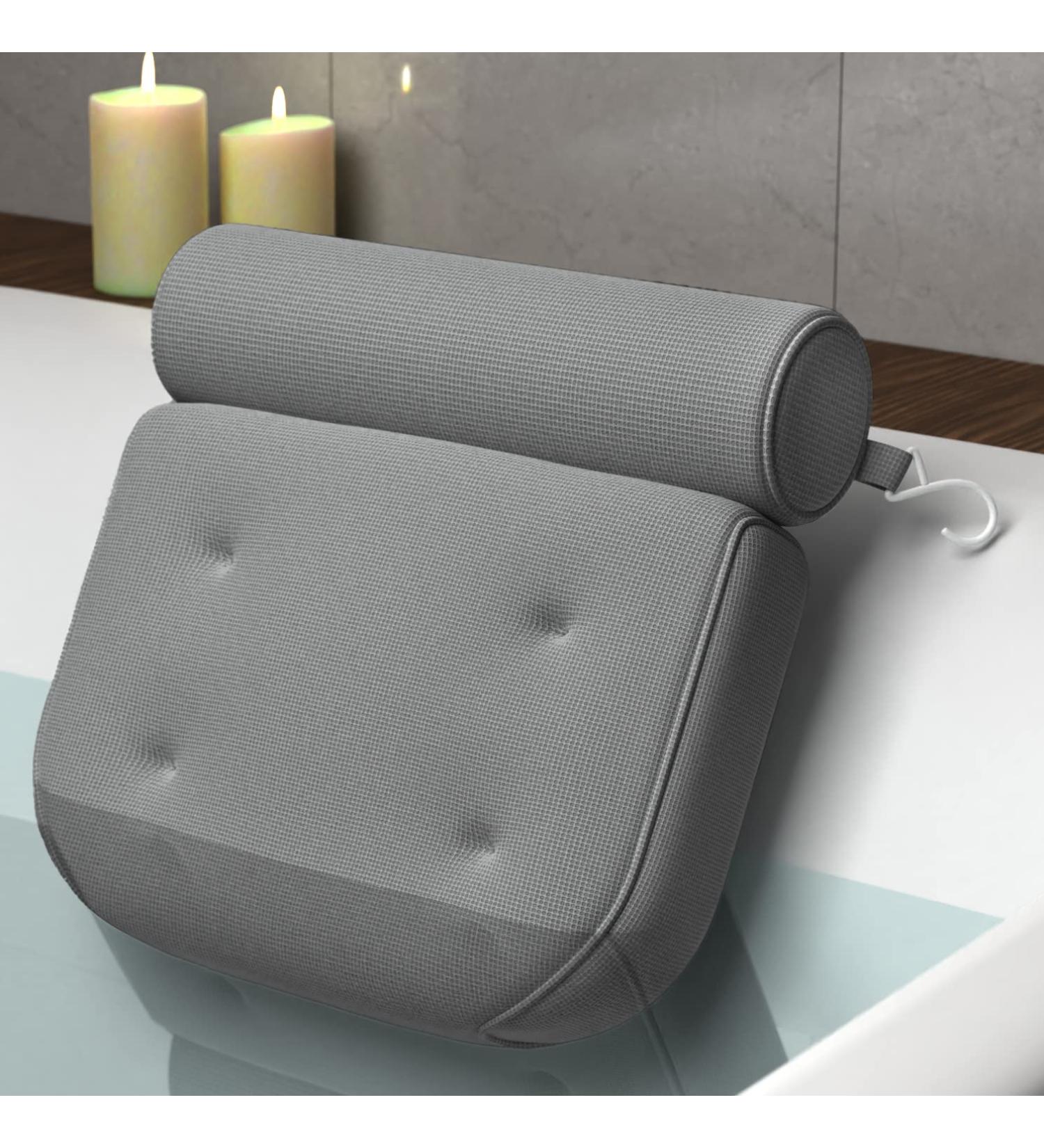 Luxurious Bath Pillow for Neck & Back Support - Soft Mesh Spa Cushion with Strong Suction Cups & Hook - Great Gift for Wife - Grey - Buy Online on GoSupps.com