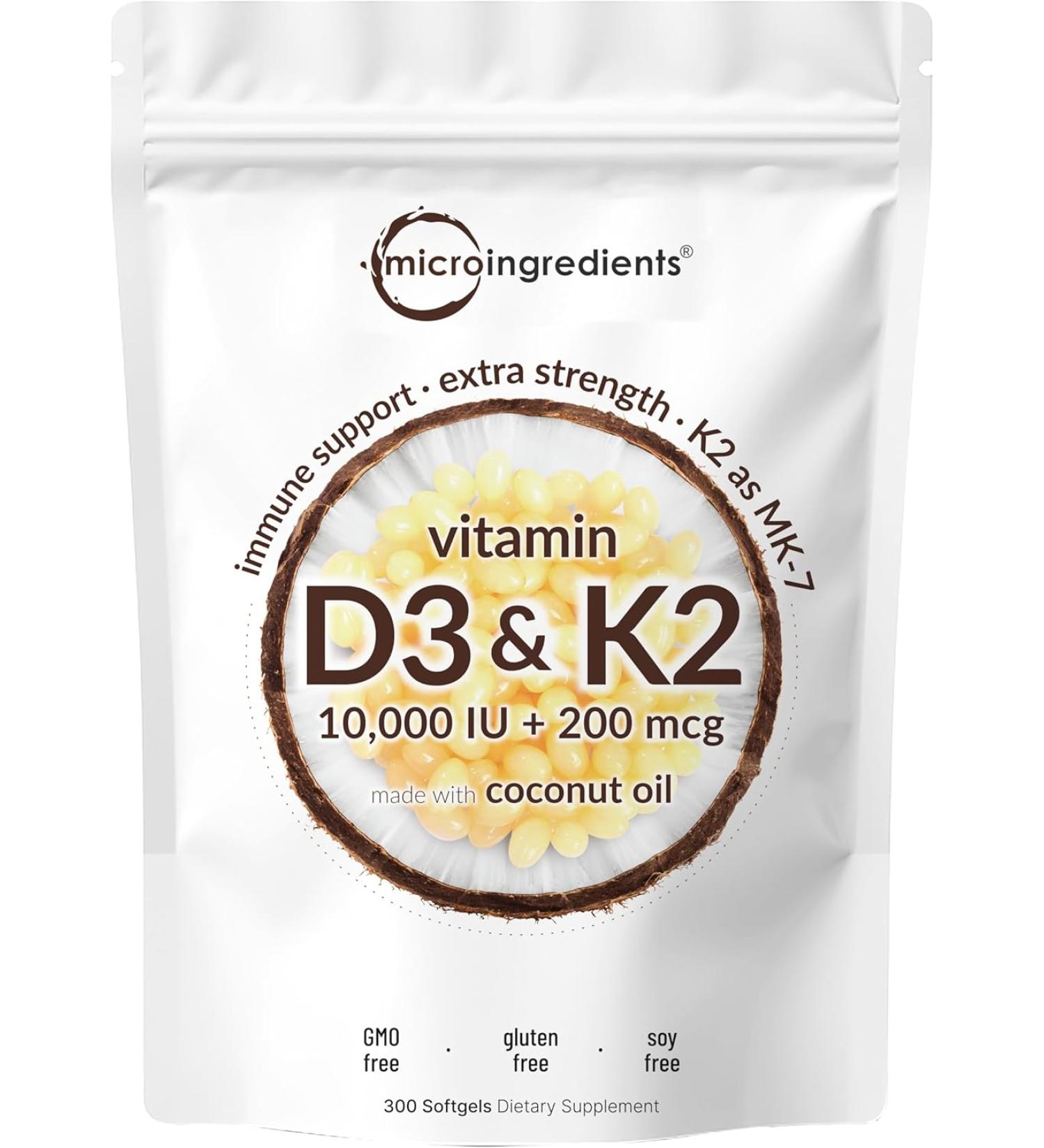 Vitamin D3 10000 iu Plus K2 (MK-7) 200 mcg  300 Virgin Coconut Oil Softgels| 2 in 1 Vitamins D & K Complex | Supports Calcium Absorption  Bone  Immune  & Heart Health   Easy to Swallow 300 Count (Pack of 1) - Buy Online on GoSupps.com