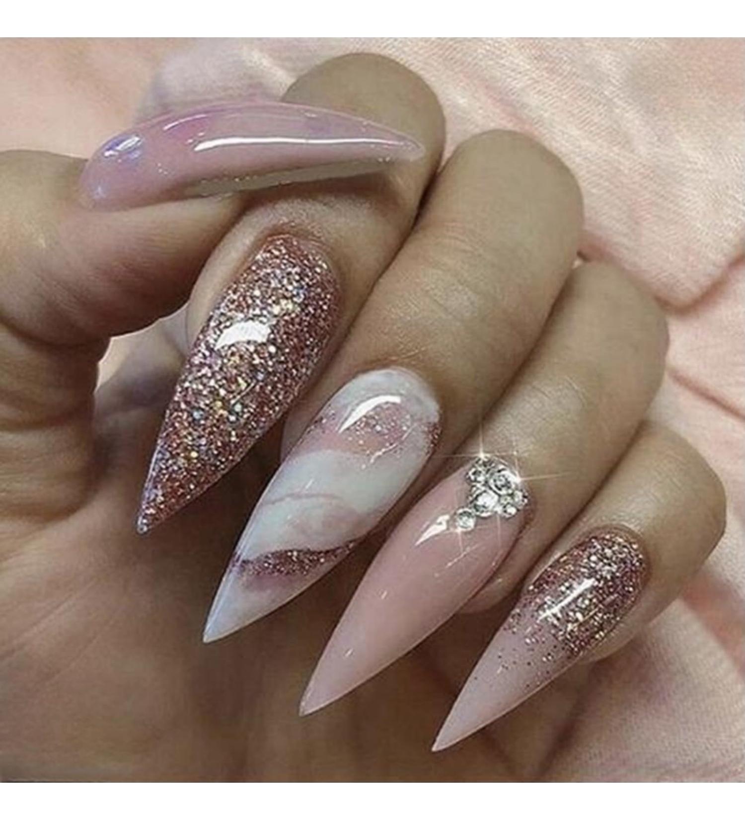 24 Pcs Marble Stiletto Fake Nails - Long Rose French Press on Nails with Glitter Almond Patterns for Women - Extra Long False Nails with Glue for Nail Art - Buy Online on GoSupps.com