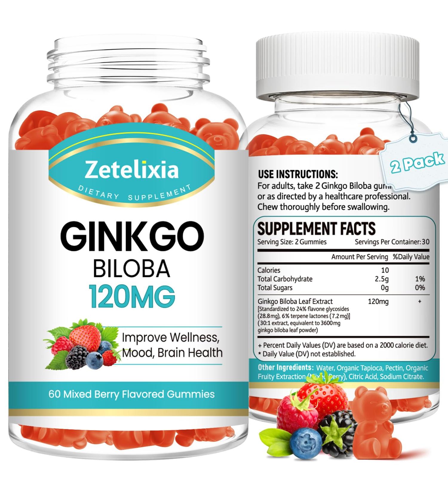 2 Pack Ginkgo Biloba Gummies for Women and Men Brain Supplement Improve Better Mood and Focus Vegan Mixed Berry Flavor 120 Count 60 Count (Pack of 2) - Buy Online on GoSupps.com