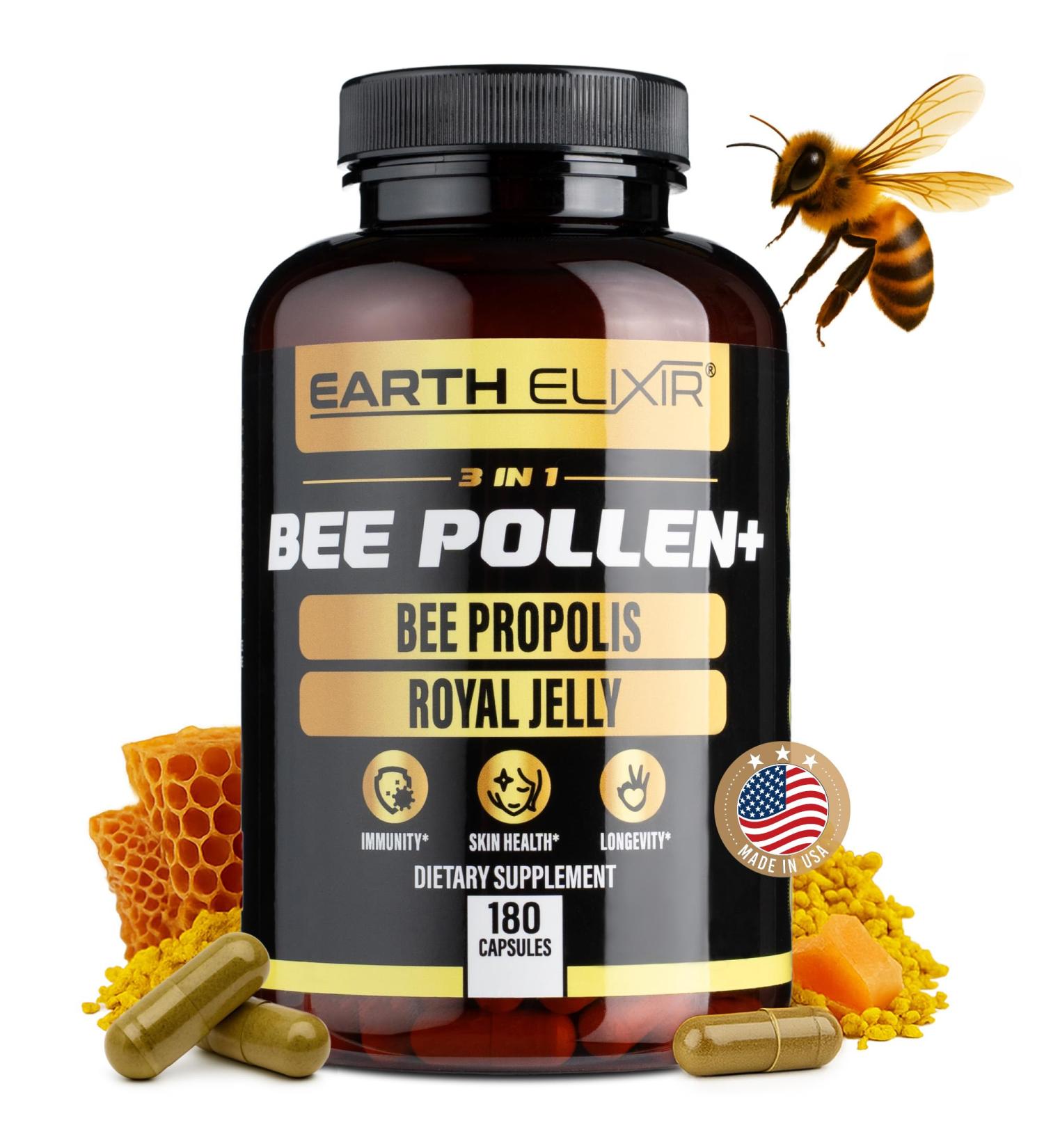 Earth Elixir 3-in-1 Organic Bee Pollen Capsule Non-GMO Pure Raw Bee Pollen Royal Jelly Propolis Extract for Women & Men Natural Energy Immune & Vitality Support 180 Propolis Capsules - Buy Online on GoSupps.com