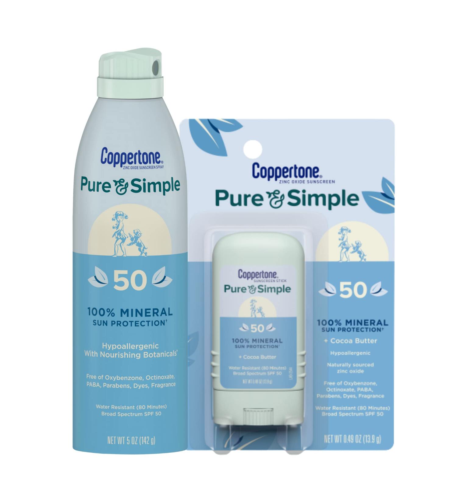 Coppertone Pure and Simple Zinc Oxide Mineral Sunscreen Spray + Stick SPF 50 Combo Pack - Buy Online on GoSupps.com
