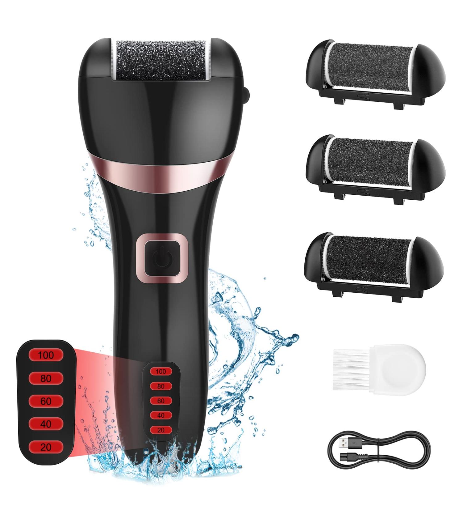 Electric Foot File Callus Remover by Wolady - Rechargeable & Waterproof with 3 Rollers, 2 Speeds | Foot Scrubber Pedicure Kit for Dead Skin, Cracked Heels, Calluses - Black - Buy Online on GoSupps.com