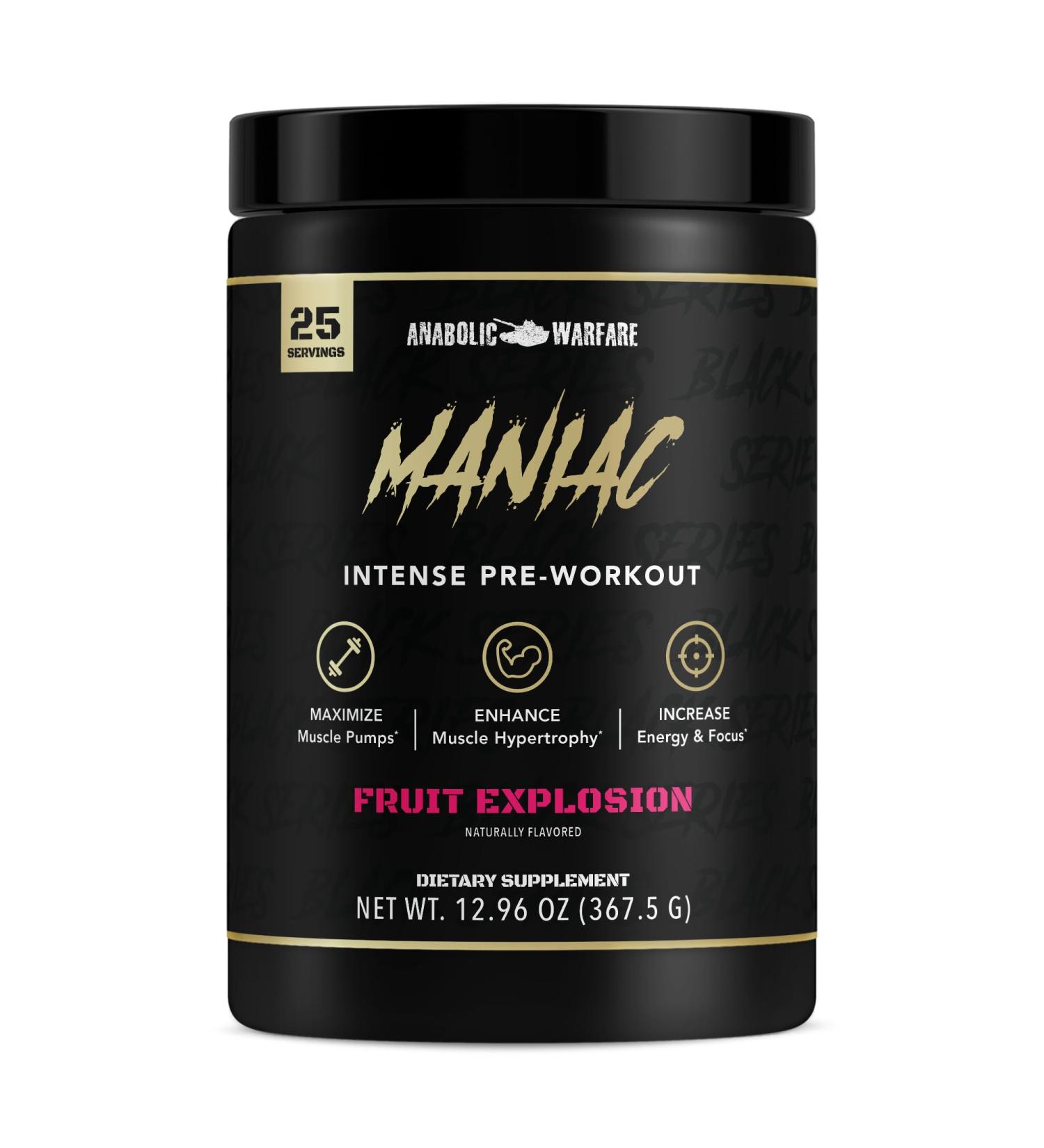 Anabolic Warfare Black Series Maniac Pre-Workout Powder Supports Nitric Oxide Muscle Pumps and Protein Synthesis* Fruit Explosion - Buy Online on GoSupps.com