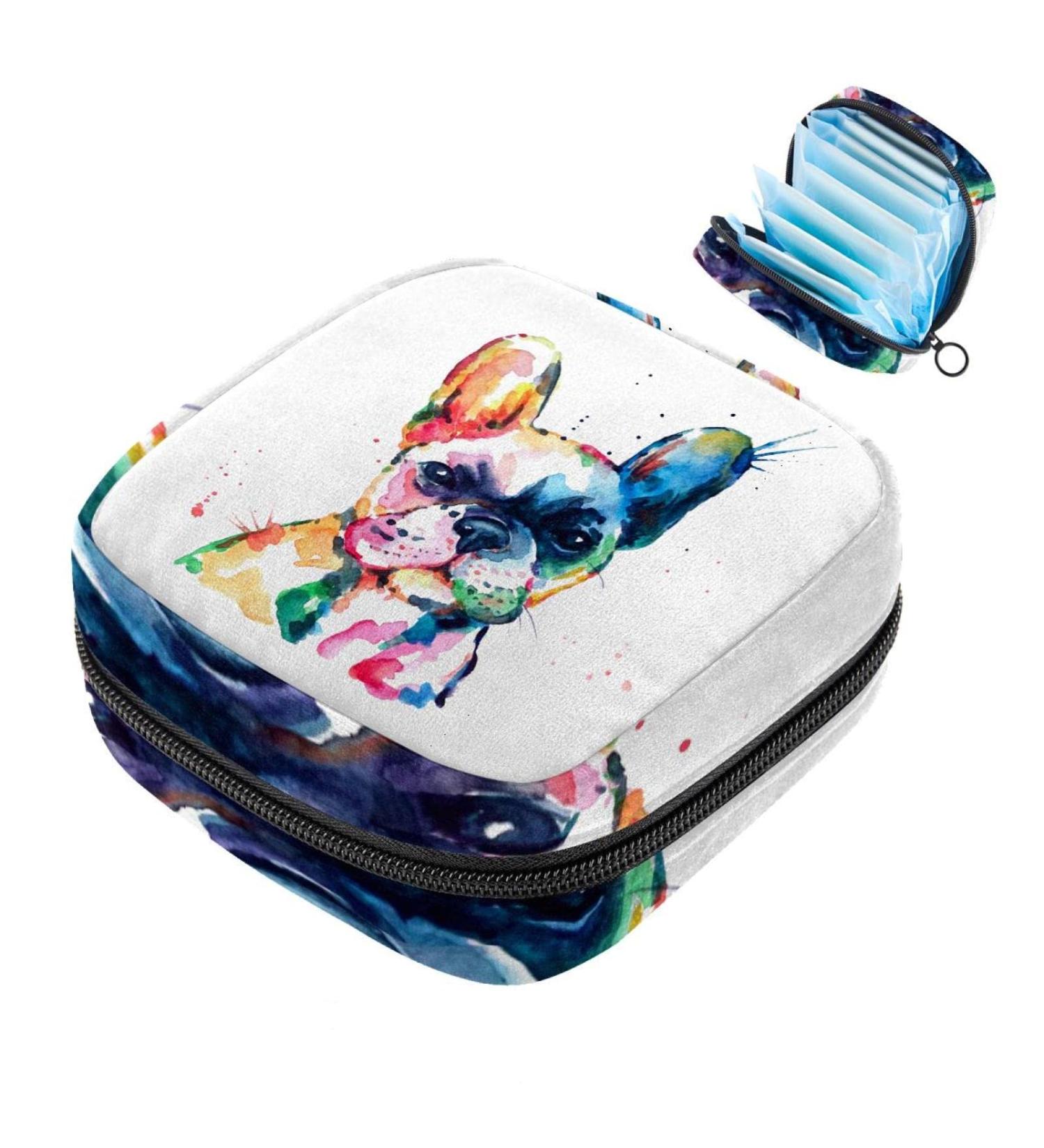 Stylish Menstruation Pad Bag with Zipper | Women's Napkin & Tampon Collection Bag - Cute French Bulldog Watercolor Design - Buy Online on GoSupps.com