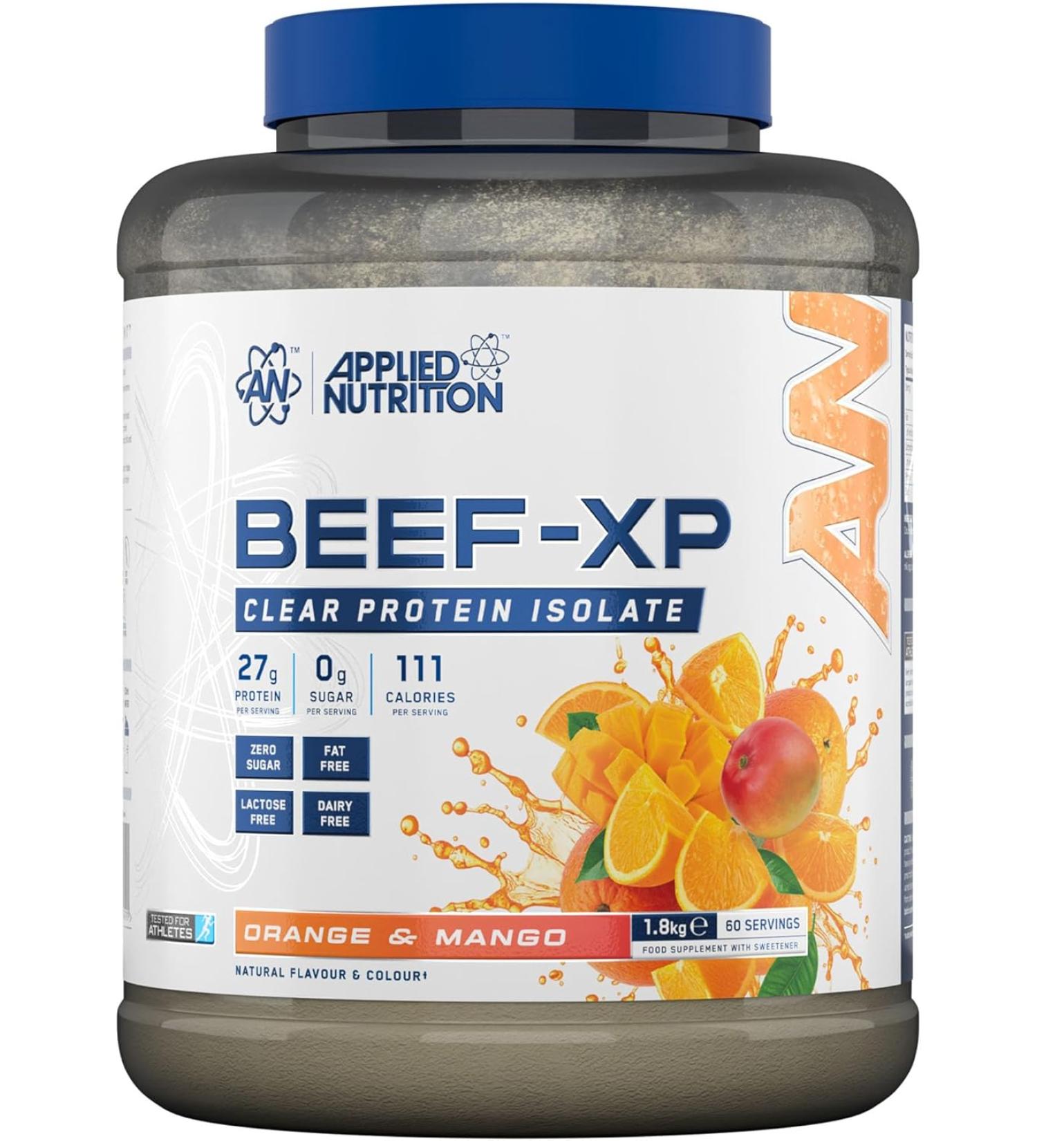 Applied Nutrition Beef XP - Clear Hydrolysed Beef Protein Isolate 1.8kg (Orange & Mango) - Dairy Free, Lactose Free, Zero Sugar, Low Fat Protein Powder - 60 Servings - Buy Online on GoSupps.com