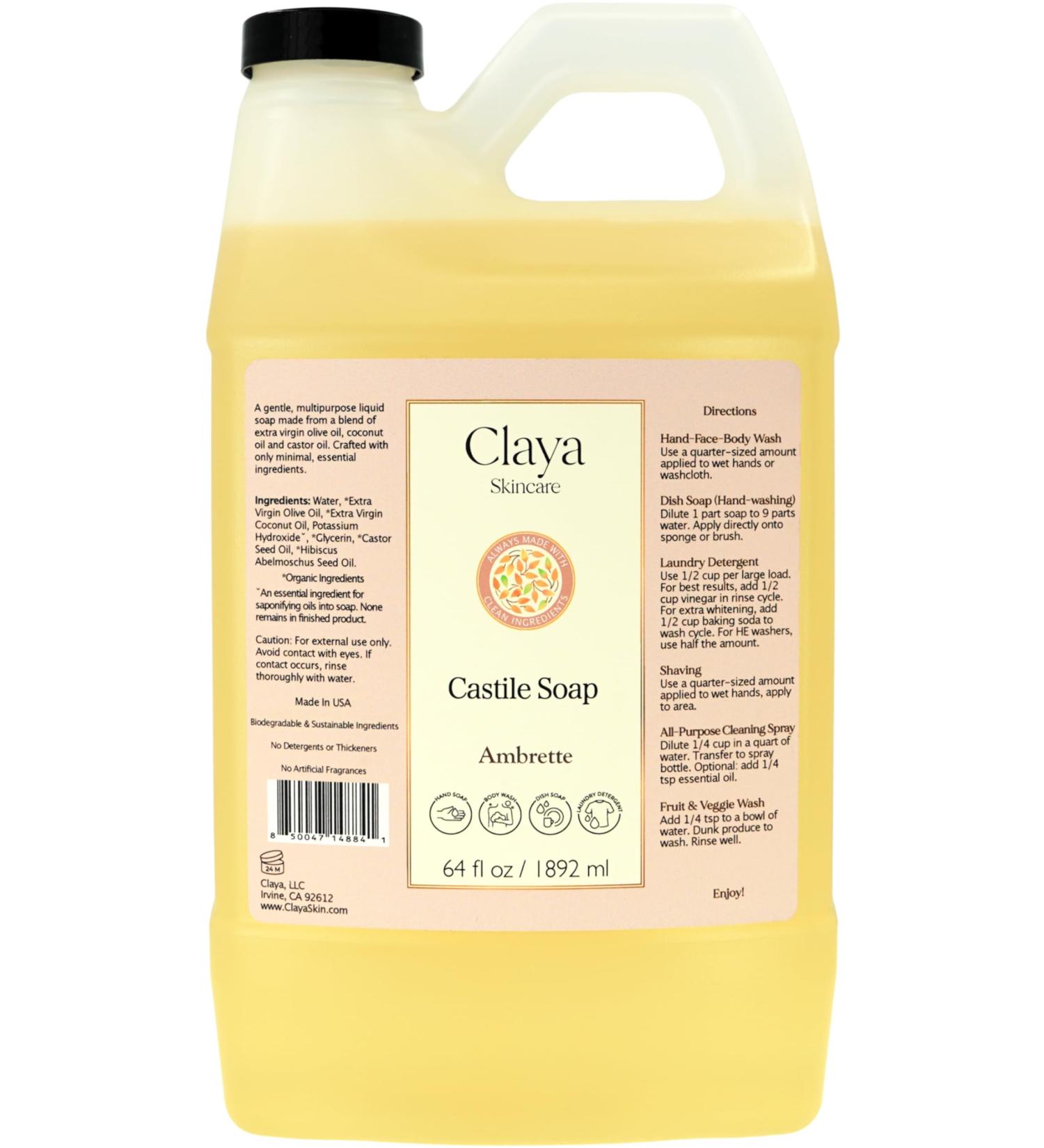 Claya Liquid Castile Soap Organic Ingredients Biodegradable Gentle for Sensitive Skin and Versatile Use (64 fl oz Ambrette) - Buy Online on GoSupps.com