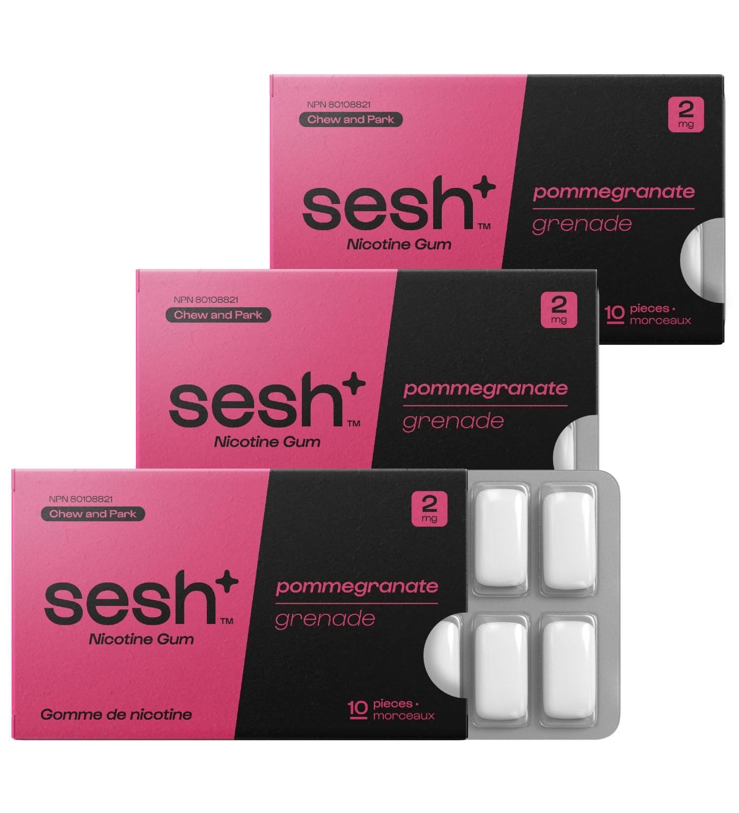 Sesh+ Quit Smoking Aid Nicotine Gum smoking cessation aid 2mg Pomegranate 30 Pieces 3 Pack - Buy Online on GoSupps.com