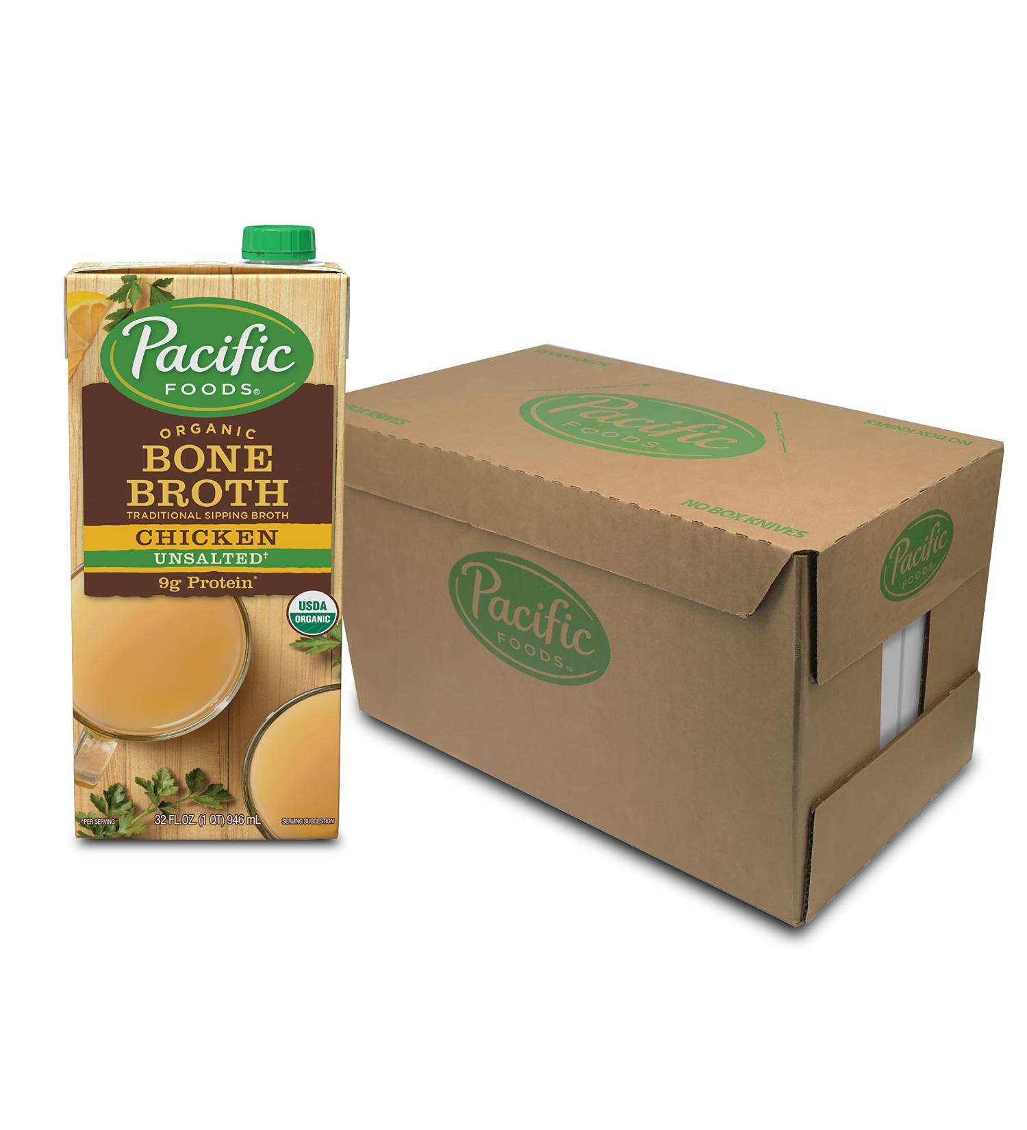 Pacific Foods Organic Bone Broth Original Chicken 32oz 12-Pack - Keto Friendly - Buy Online on GoSupps.com
