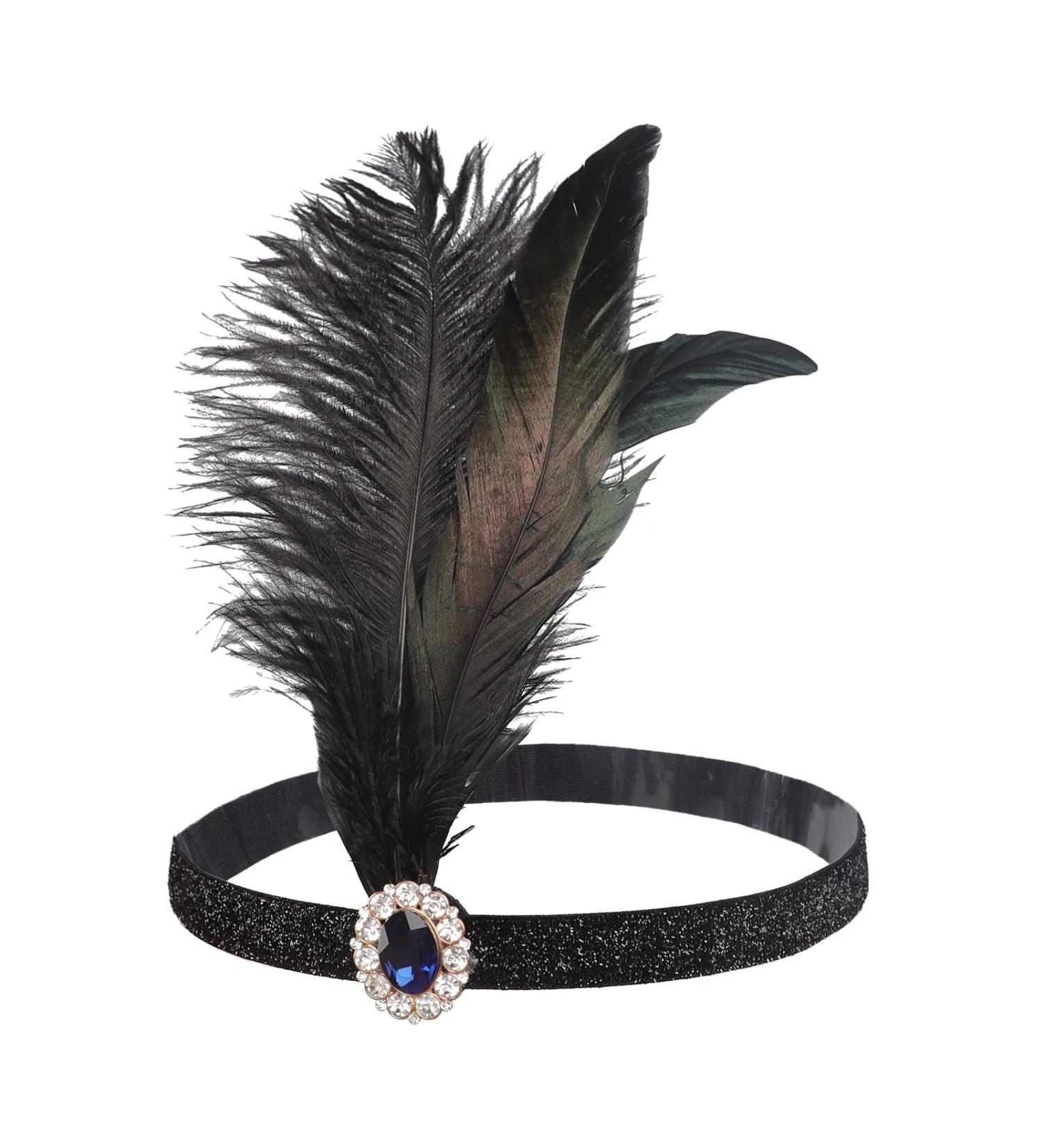 Vintage 1920s Flapper Headband Beaded Tassel Feather Headband Headpiece Black Feather Plastic Glass Hair Band Hair Accessories for Women Ladies Brides Wedding Party Fancy Dress Costume Headwear Black with Gem - Buy Online on GoSupps.com