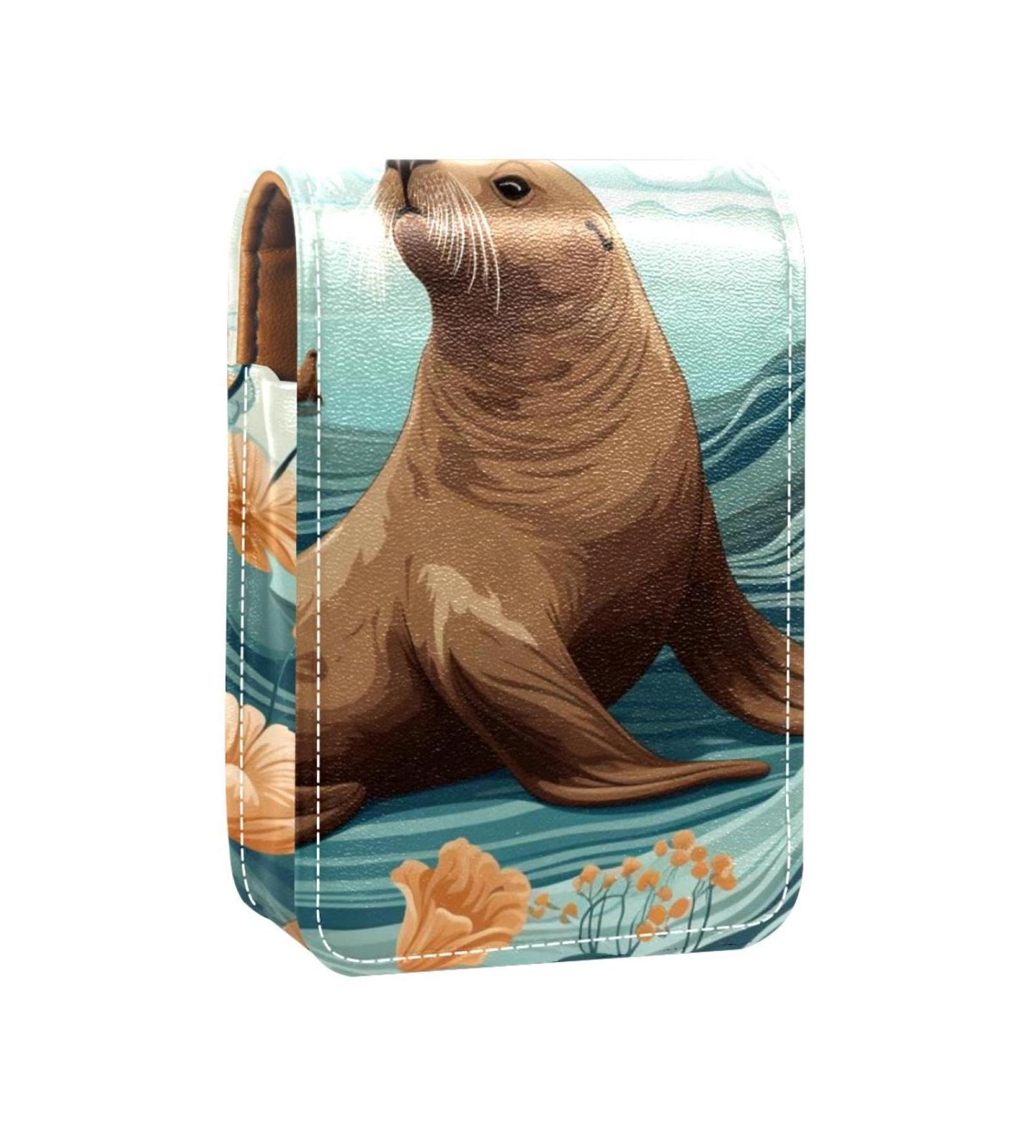 Buy Travel Lipstick Organizer Case - Portable Makeup Bag with Mirror & Ocean Animal Seal Art | Perfect for Cosmetics Storage - Buy Online on GoSupps.com