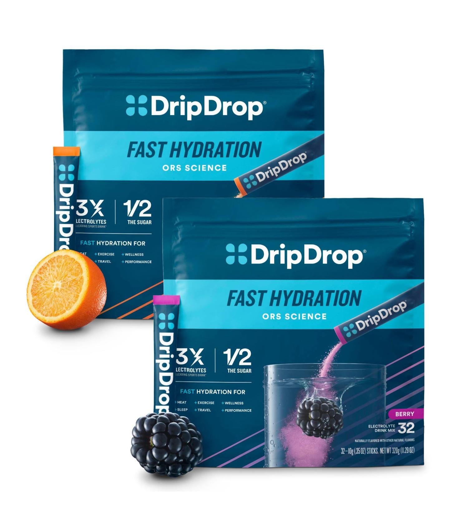 DripDrop Hydration - Electrolyte Powder Packets - Berry & Orange Bundle - 64 Count - Buy Online on GoSupps.com