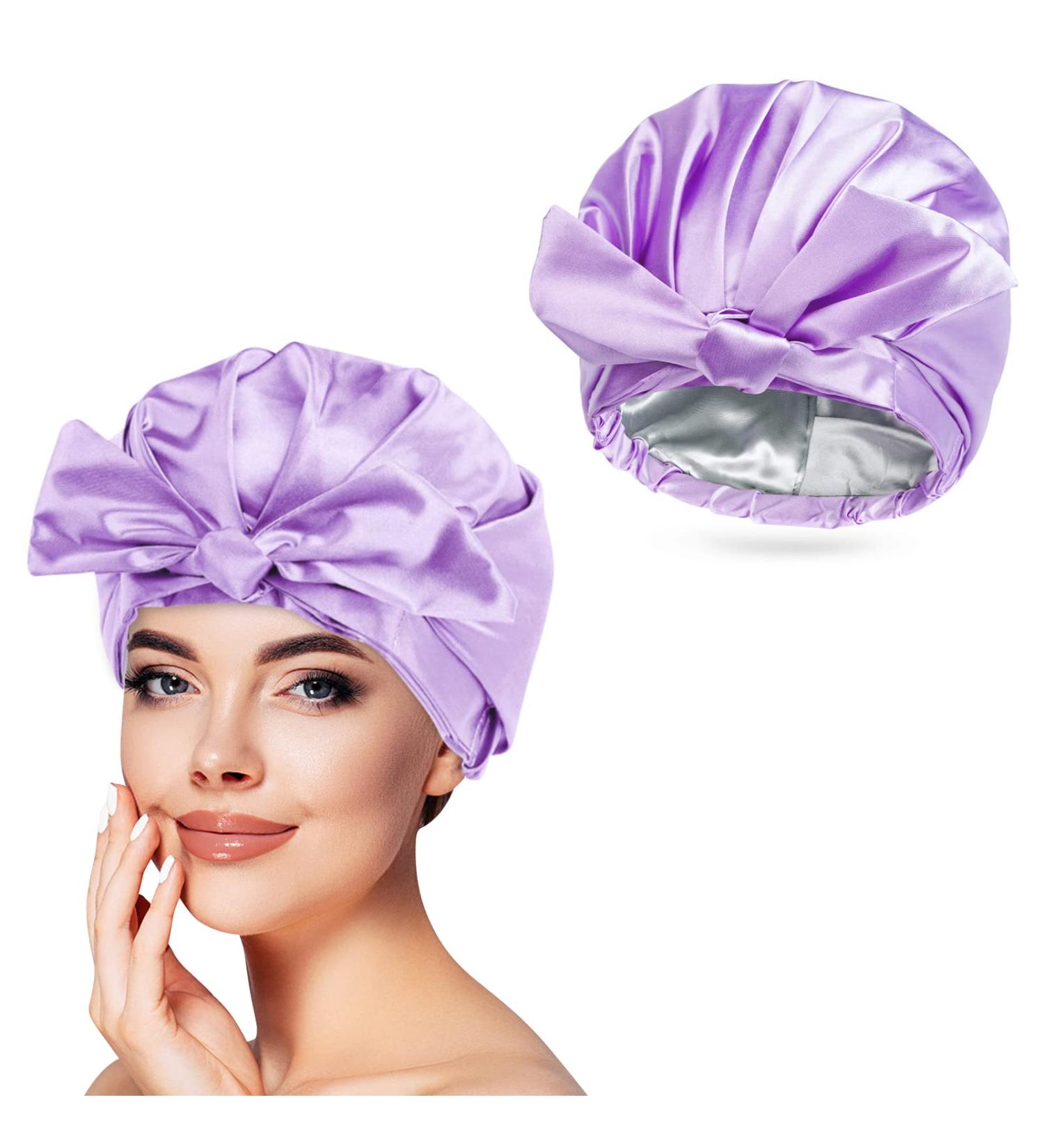 Arqumi Reusable Shower Cap with Ribbon Bow | Waterproof Double-Layer Bath Cap for Women Men | Large Elastic Hair Bonnet for Long Thick Hair - Purple C Shower Cap - Buy Online on GoSupps.com