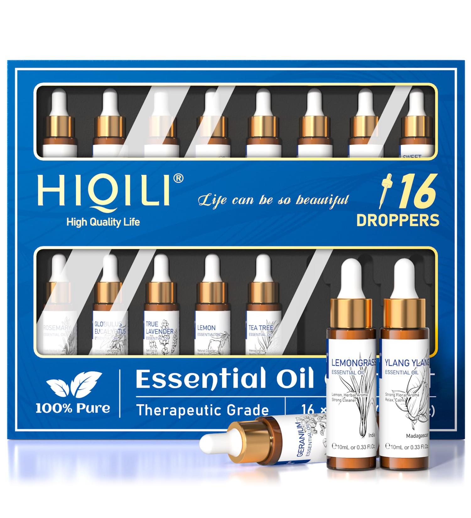HIQILI Essential Oils Set - 16x10ml Aromatherapy Scents for Diffusers at Home - Lavender, Peppermint, Tea Tree, Orange, Lemongrass, Eucalyptus - Buy Online on GoSupps.com