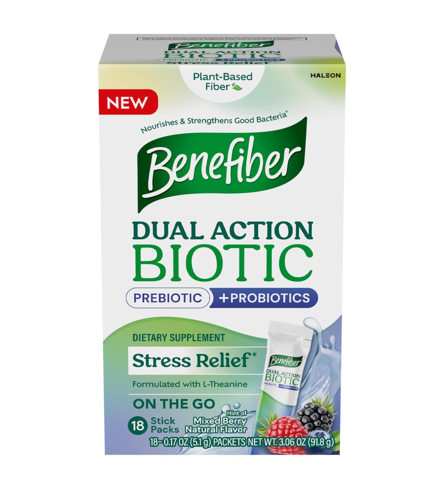 Benefiber Dual Action Biotic Plus Stress Relief, 18 Count Stick Packs - Buy Online on GoSupps.com