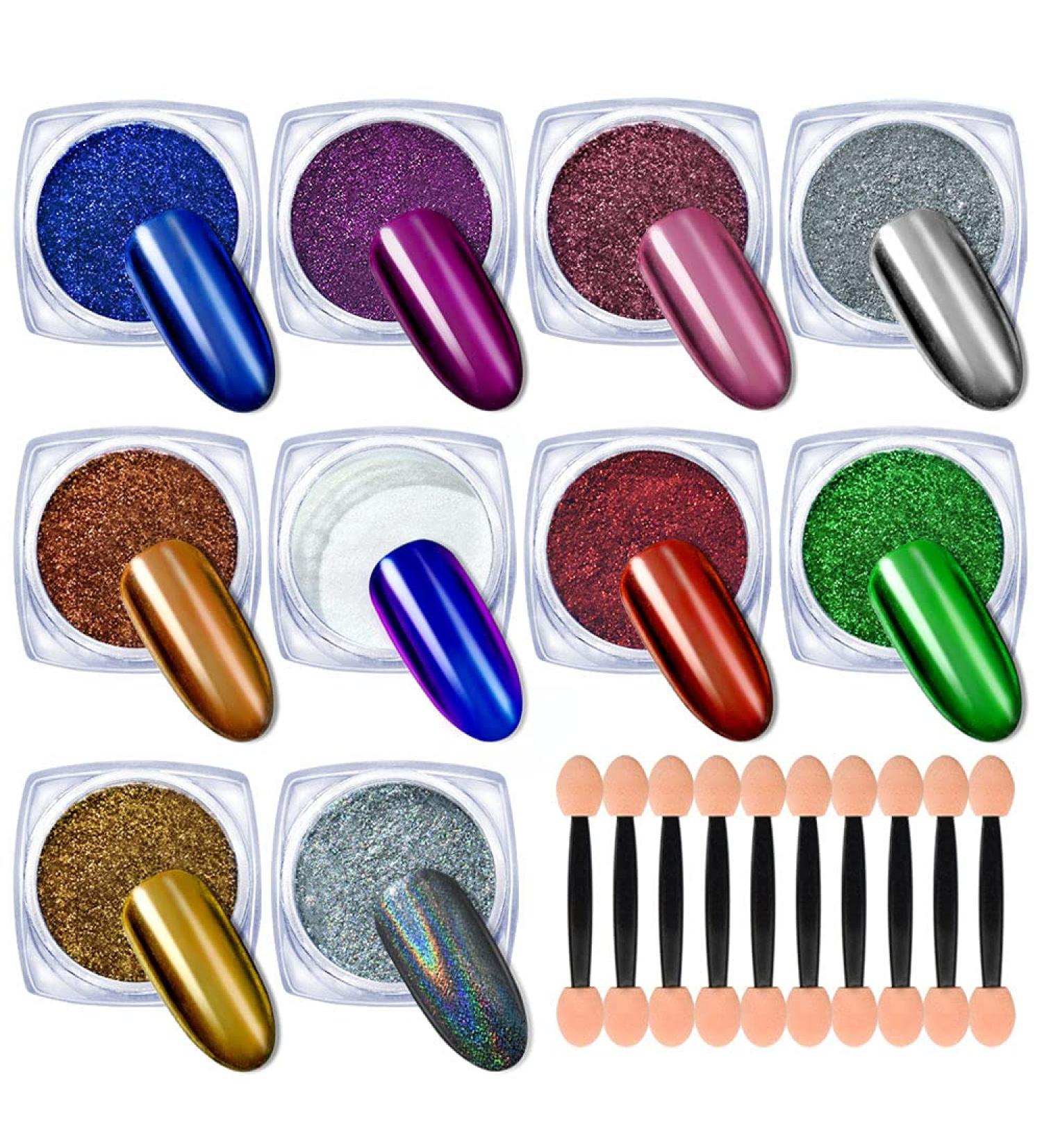 Yagoyan 10 Jars Chrome Nail Powder Kit - Holographic Chameleon Pigments | Nail Art Glitters for Mirror Effect | Eyeshadow Applicators - Buy Online on GoSupps.com