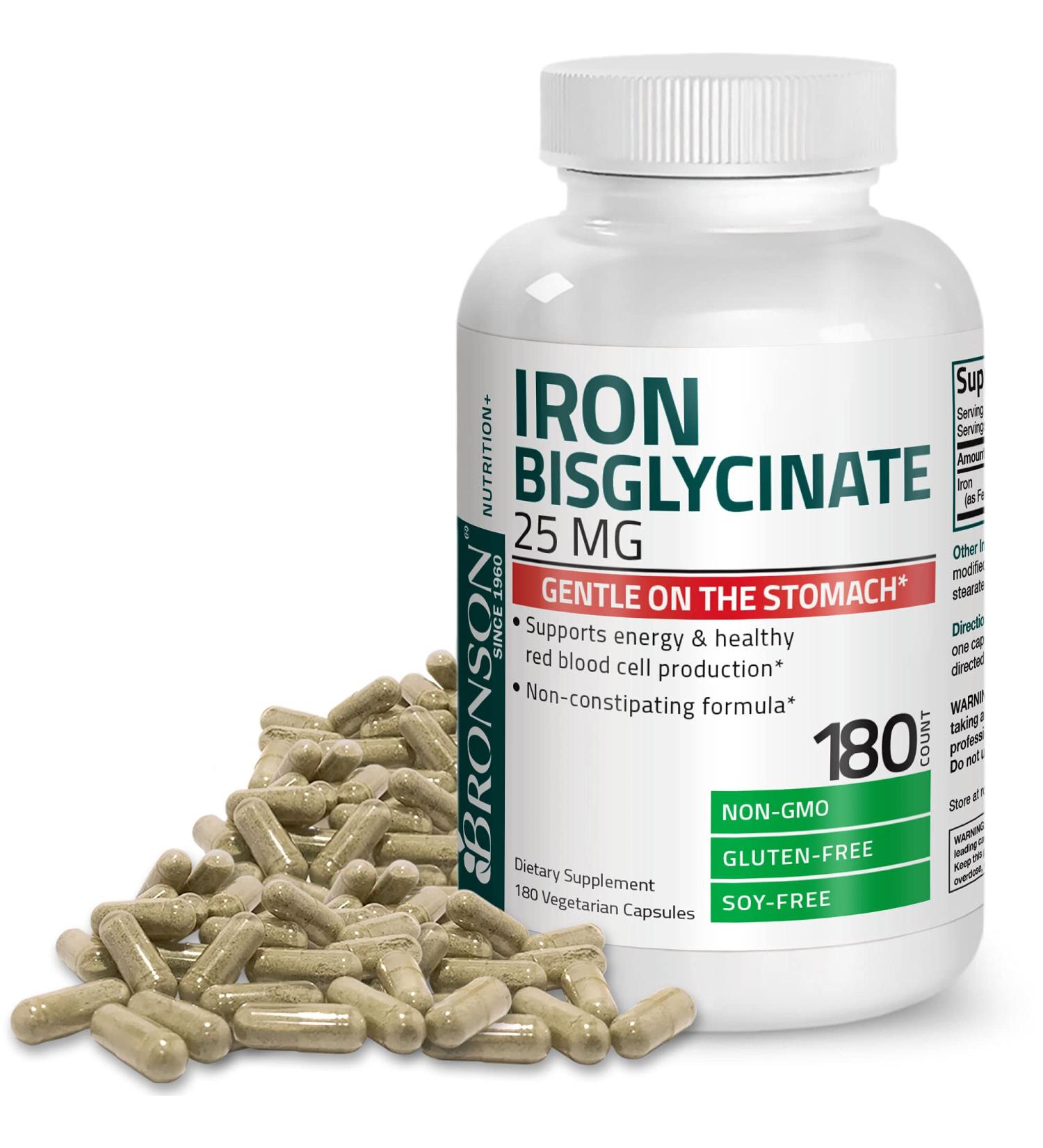 Bronson Iron Bisglycinate 25mg - Gentle on Stomach - Supports Energy & Red Blood Cell Production - Non-Constipating Formula - 180 Vegetarian Capsules - Buy Online on GoSupps.com