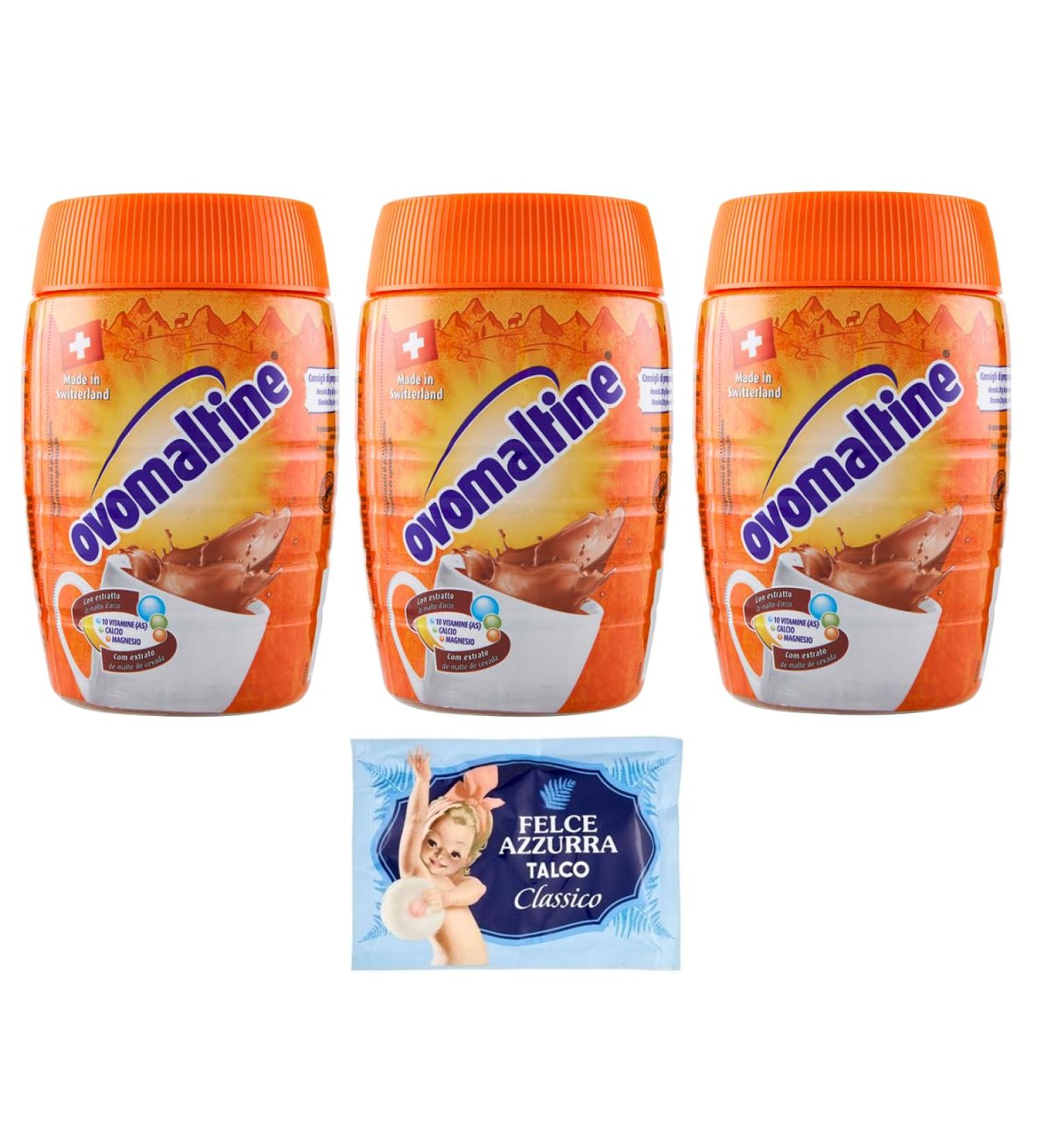 Ovomaltine 3 x Cocoa Malt Powder Drinks 400 g + 1 x Free Felce Azzurra Talcum Powder 100g Bag - Buy Online on GoSupps.com