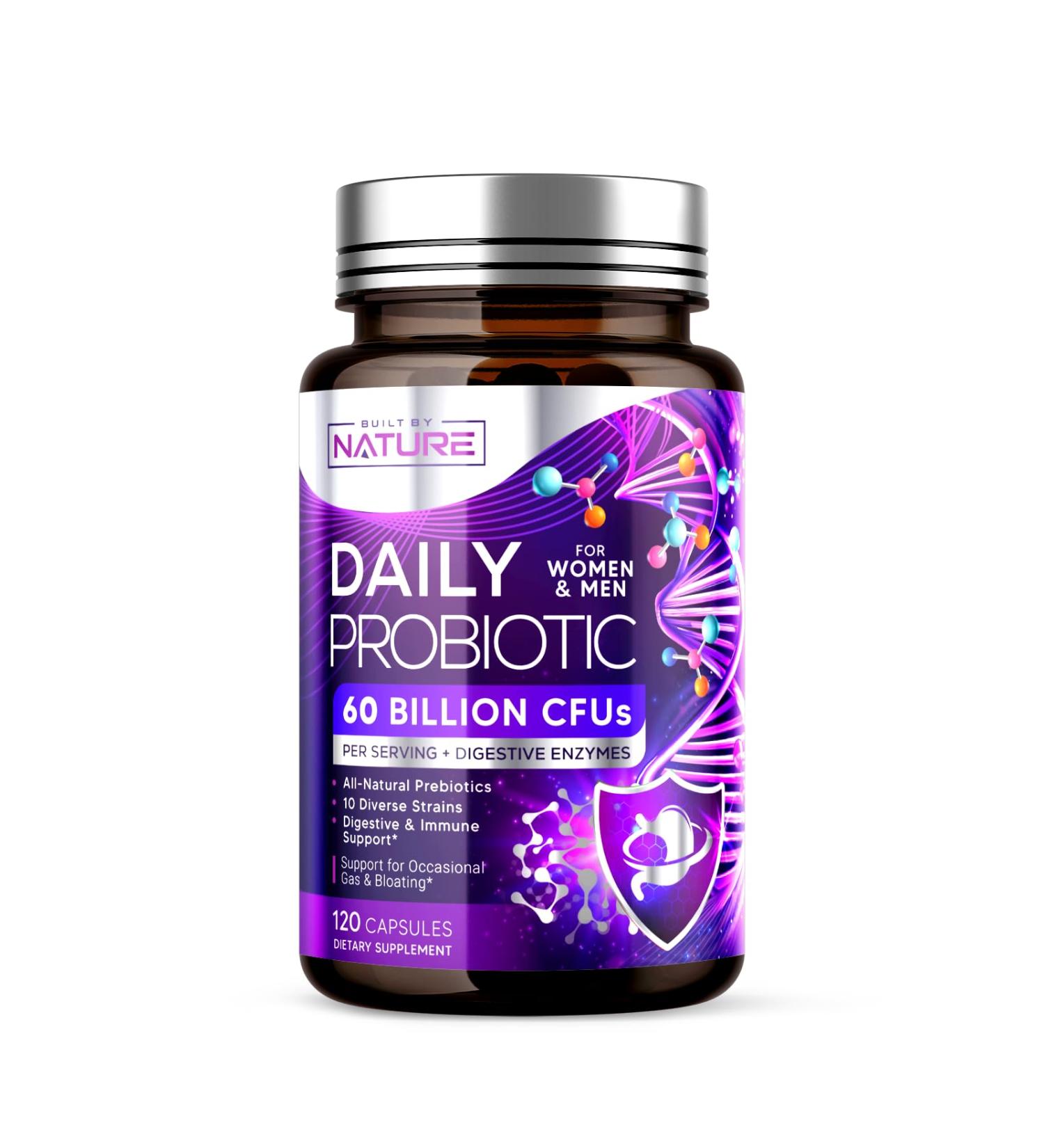 Built by Nature Probiotic for Women & Men 60 Billion CFU 10 Strains + Prebiotics & Digestive Enzymes Supports Digestive Immune Reduce Gas & Bloating Shelf Stable Non-GMO - 120 Capsules 120 Count (Pack of 1) - Buy Online on GoSupps.com