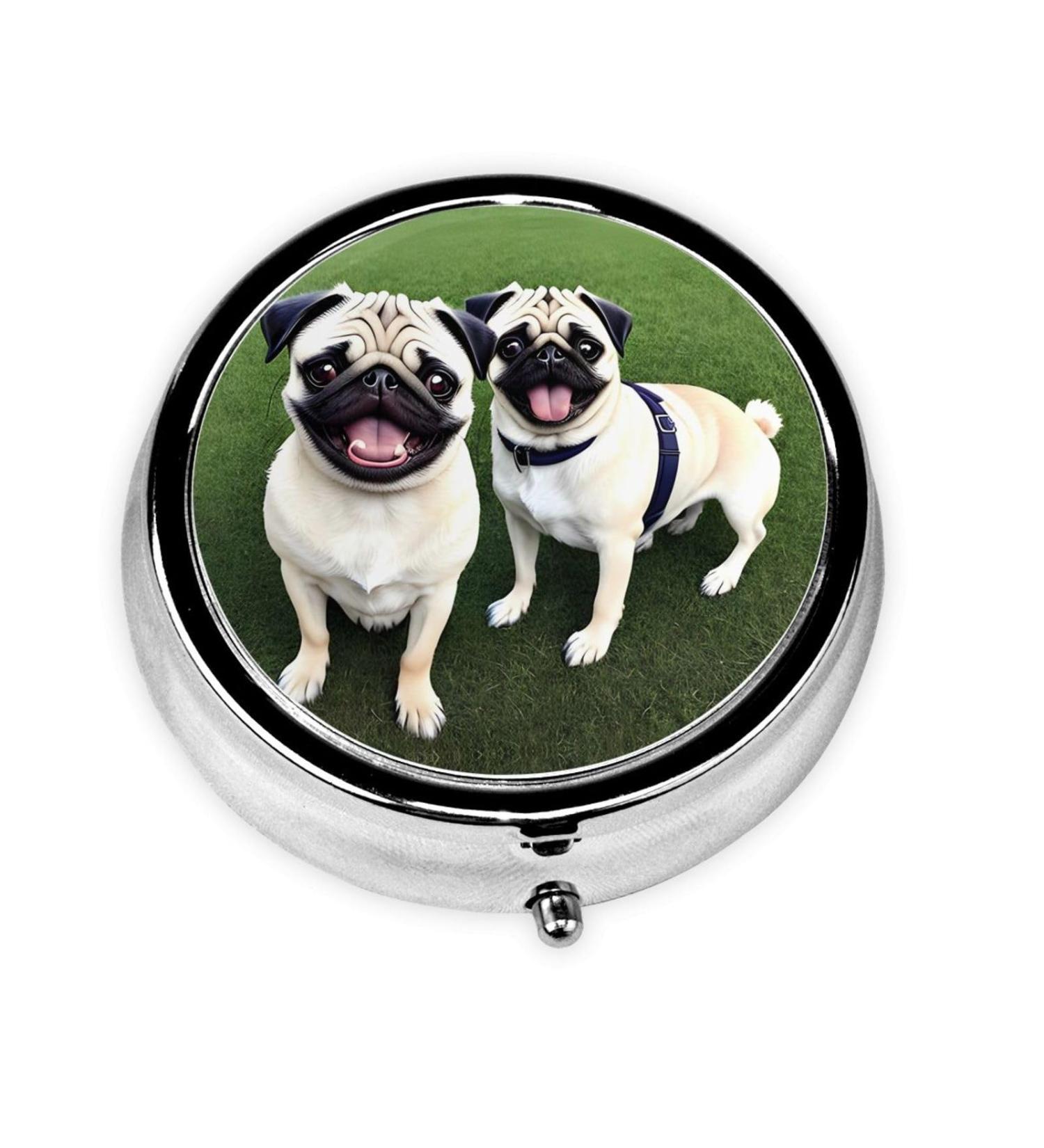 Mini Metal Pill Box - Round Travel Medicine Organizer | Funny Happy Pug Dog Design | Perfect for Purse & Pocket - Buy Online on GoSupps.com