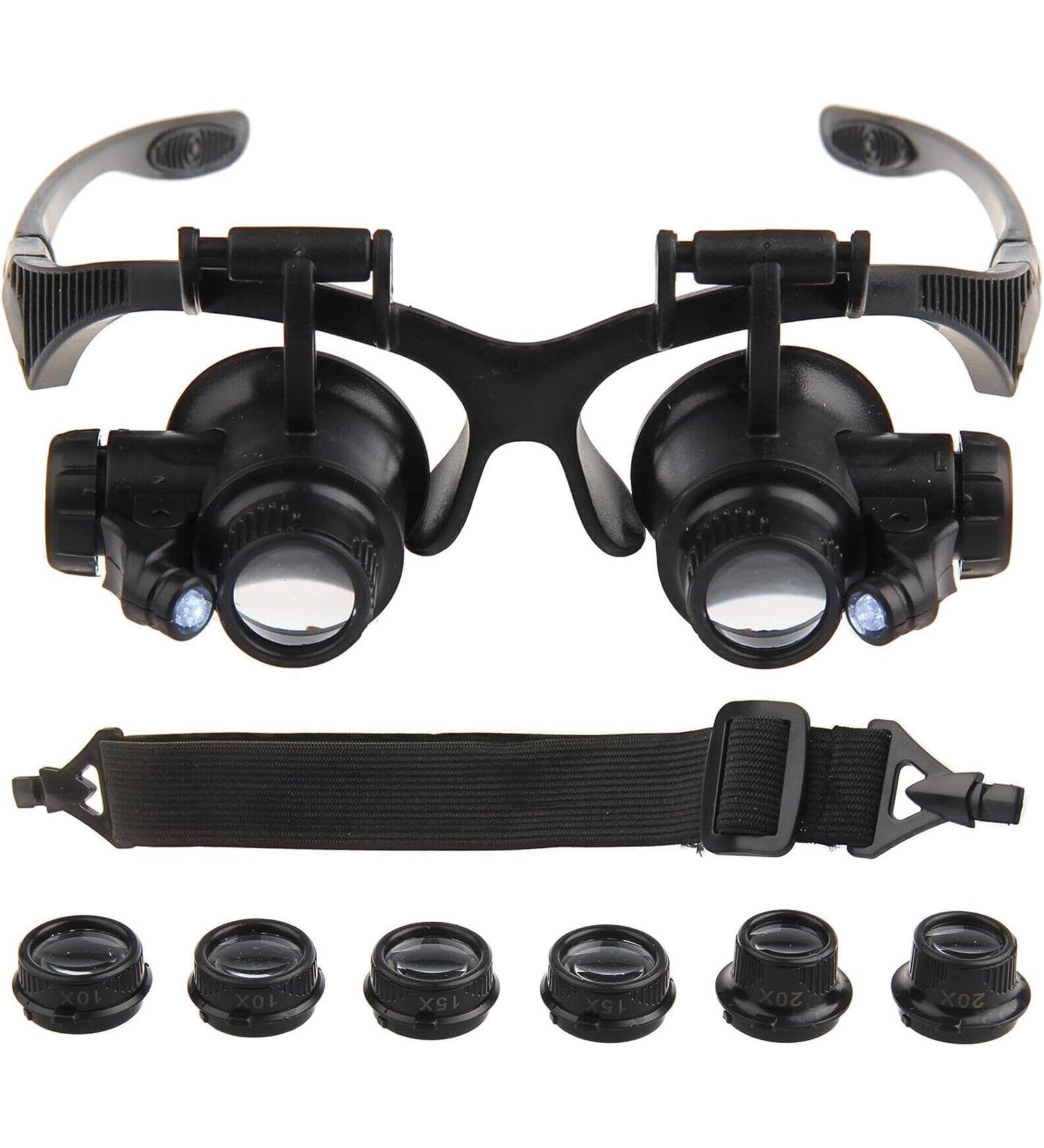 LED Double Eye Jeweler Watch Repair Magnifying Jewelers Loupe Magnifying Glasses with 4 Interchangeable Lens 10X/15X/ 20X/25X Head Magnifier Glasses for Close Work Electronics Jewelry Repair - Buy Online on GoSupps.com