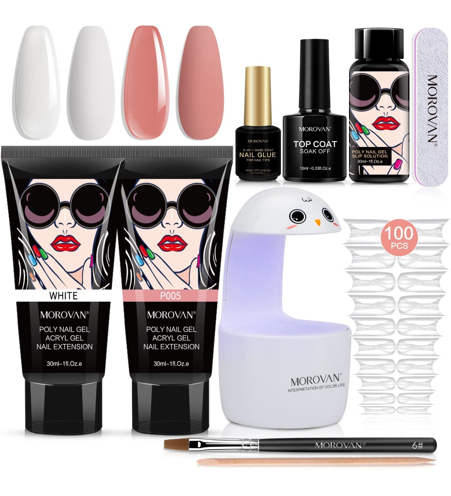 Morovan Poly Gel Nail Kit with UV Lamp - Complete White & Deep Nude 30ml Poly Gel Starter Kit with Top Coat & 3-in-1 Nail Glue Gel - Nail Extension & Poly Gel System - Buy Online on GoSupps.com