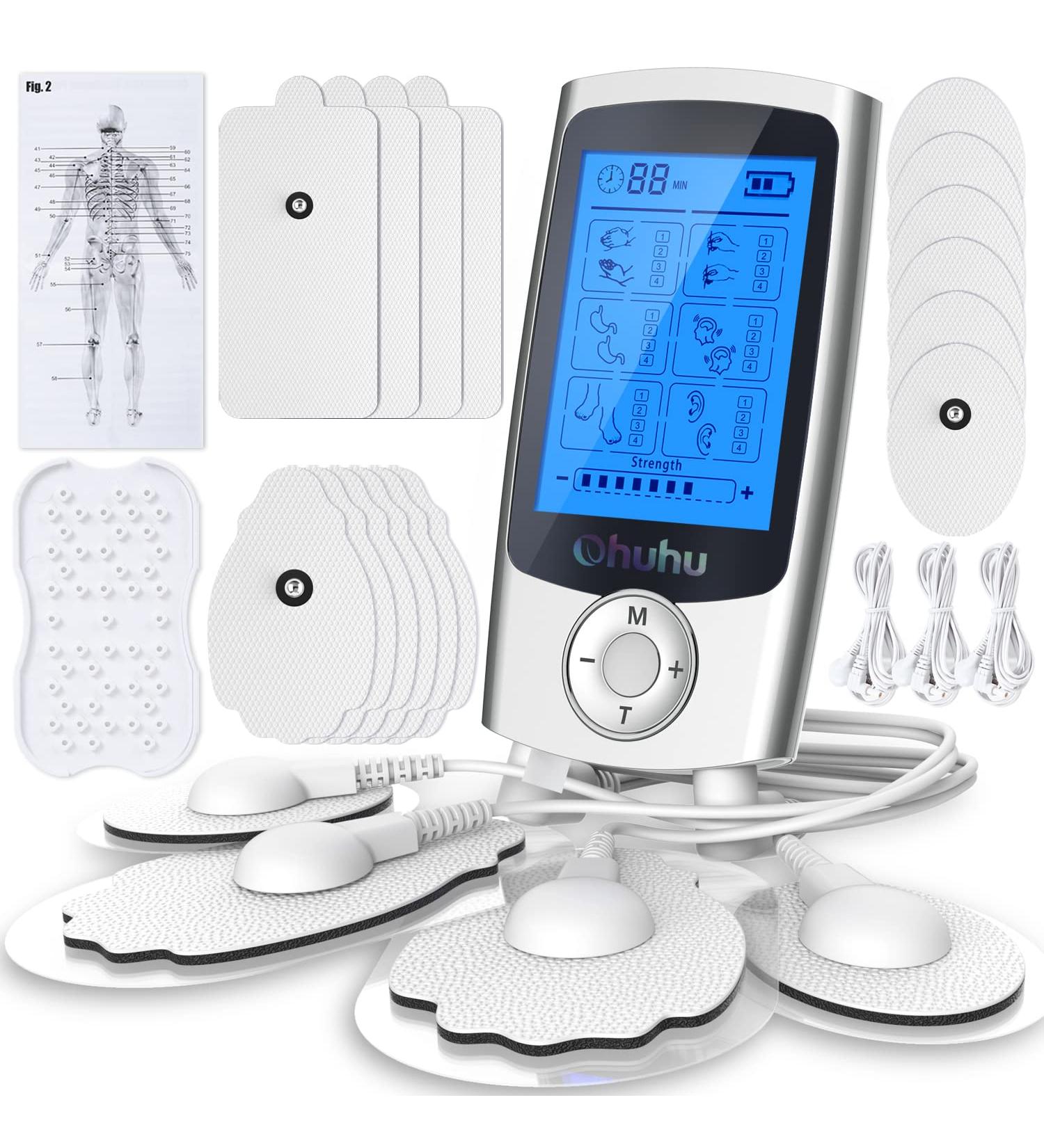 Ohuhu Tens Unit Muscle Stimulator 24 Modes Rechargeable Machine with 16 Pads for Pain Relief - Silver | Mother Father's Day Gift - Buy Online on GoSupps.com