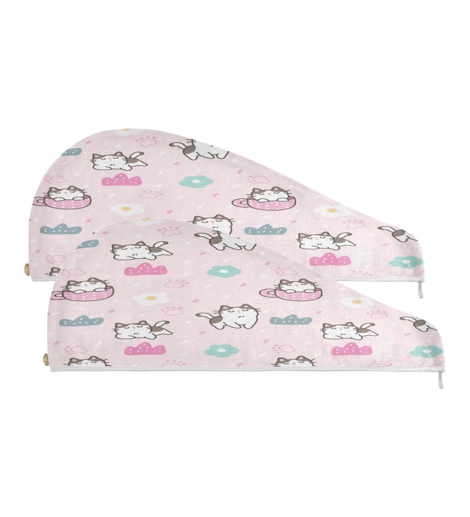 Pink Cartoon Cat Dry Hair Cap - 2 Piece Quick Drying Towel Set with Button Headband | Super Absorbent & Comfortable - Buy Online on GoSupps.com