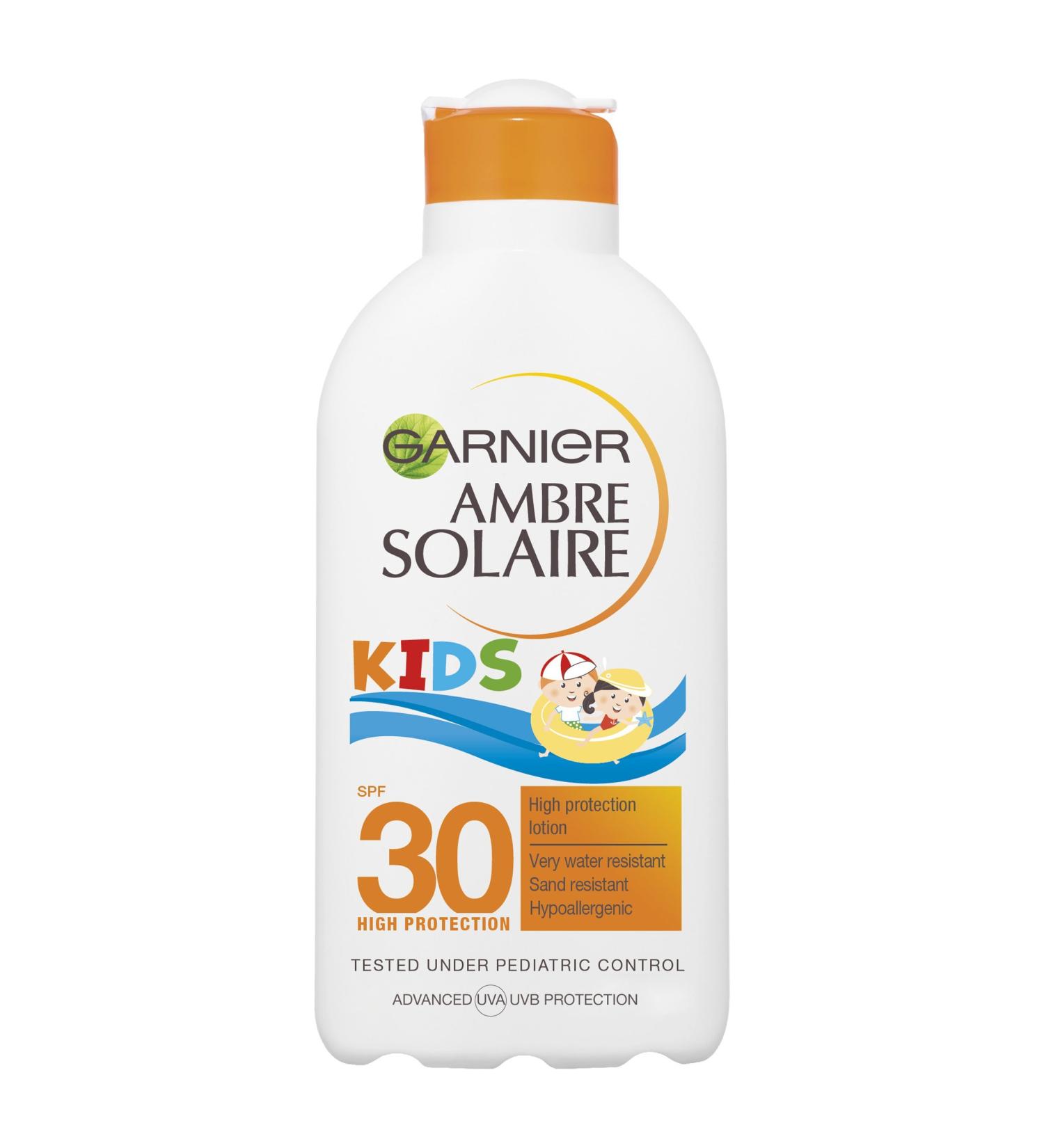 Garnier Ambre Solaire Kids Sand Resistant Sun Protection Lotion SPF30 200ml Sunscreen Against UVA & UVB Sand Repelling Action Moisturising & Water Resistant Sun Cream Suitable for Face & Body SPF 30 - Buy Online on GoSupps.com