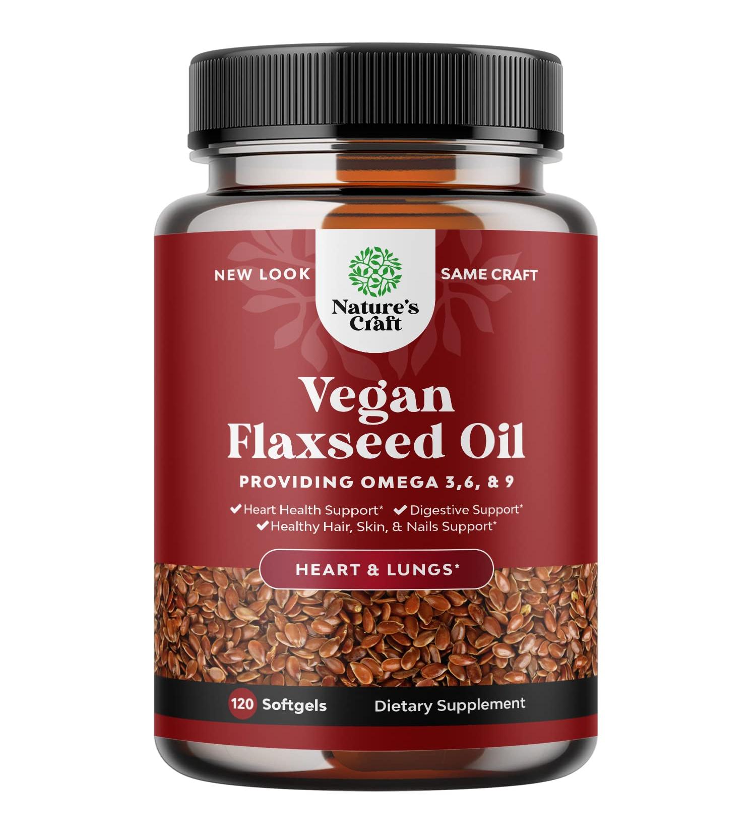 Organic Vegan Flaxseed Oil Softgels 1000mg - Cold Pressed Omega 3 Supplement for Hair, Skin, Nails, Heart & Brain Health - Plant Based ALA, Omega 3 6 9 - Buy Online on GoSupps.com