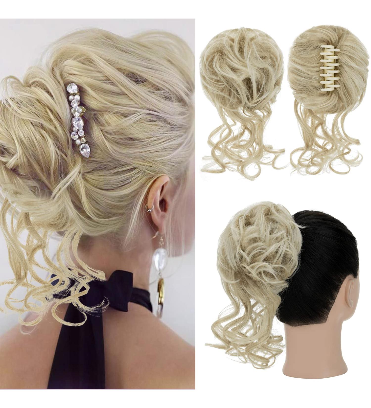 S-Noilite Claw Clip Messy Bun Hair Chignon Curly Wavy Scrunchie | Ash Blonde to Bleach Blonde 24T613 - Synthetic Ponytail Extensions for Women - Buy Online on GoSupps.com