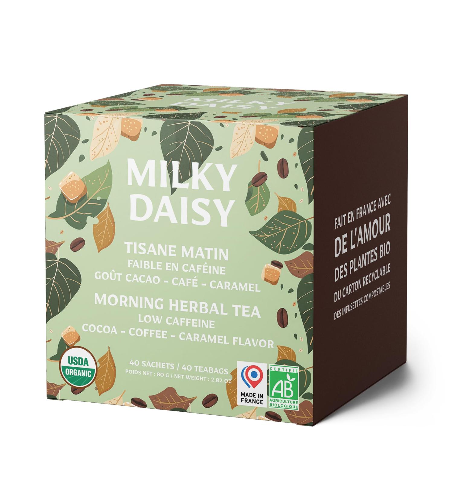 Milky Daisy - Organic Morning Herbal Tea - Coffee Substitute - Cocoa Coffee Caramel Flavor - Energizing and Low in Caffeine - 40 Sachets - Buy Online on GoSupps.com