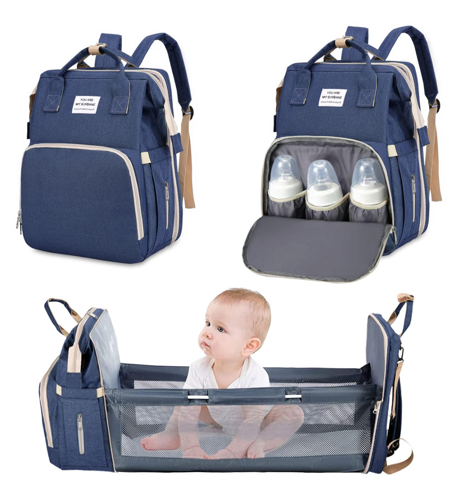 Multifunctional Dark Blue Baby Wrap Backpack - Large Capacity Diaper Bag with Changing Pad & Water-Repellent Design for Parents - Buy Online on GoSupps.com