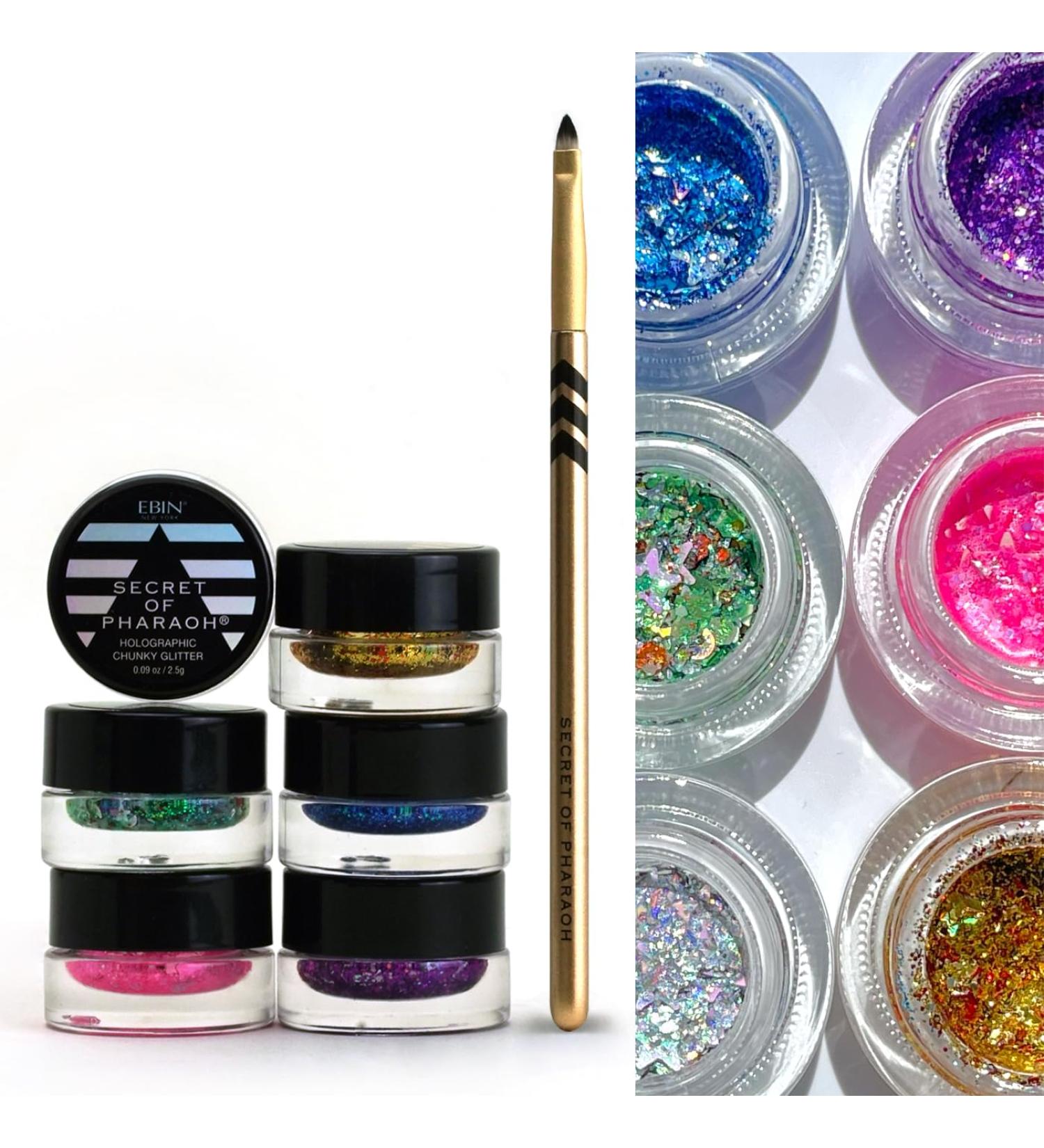 Secret of Pharaoh Holographic Chunky Glitter Gel Set with Brush | Perfect for Hair Body and Face Makeup Vibrant Colores Festival and Party Makeup - Versatile and Long-Lasting Shimmering Effect