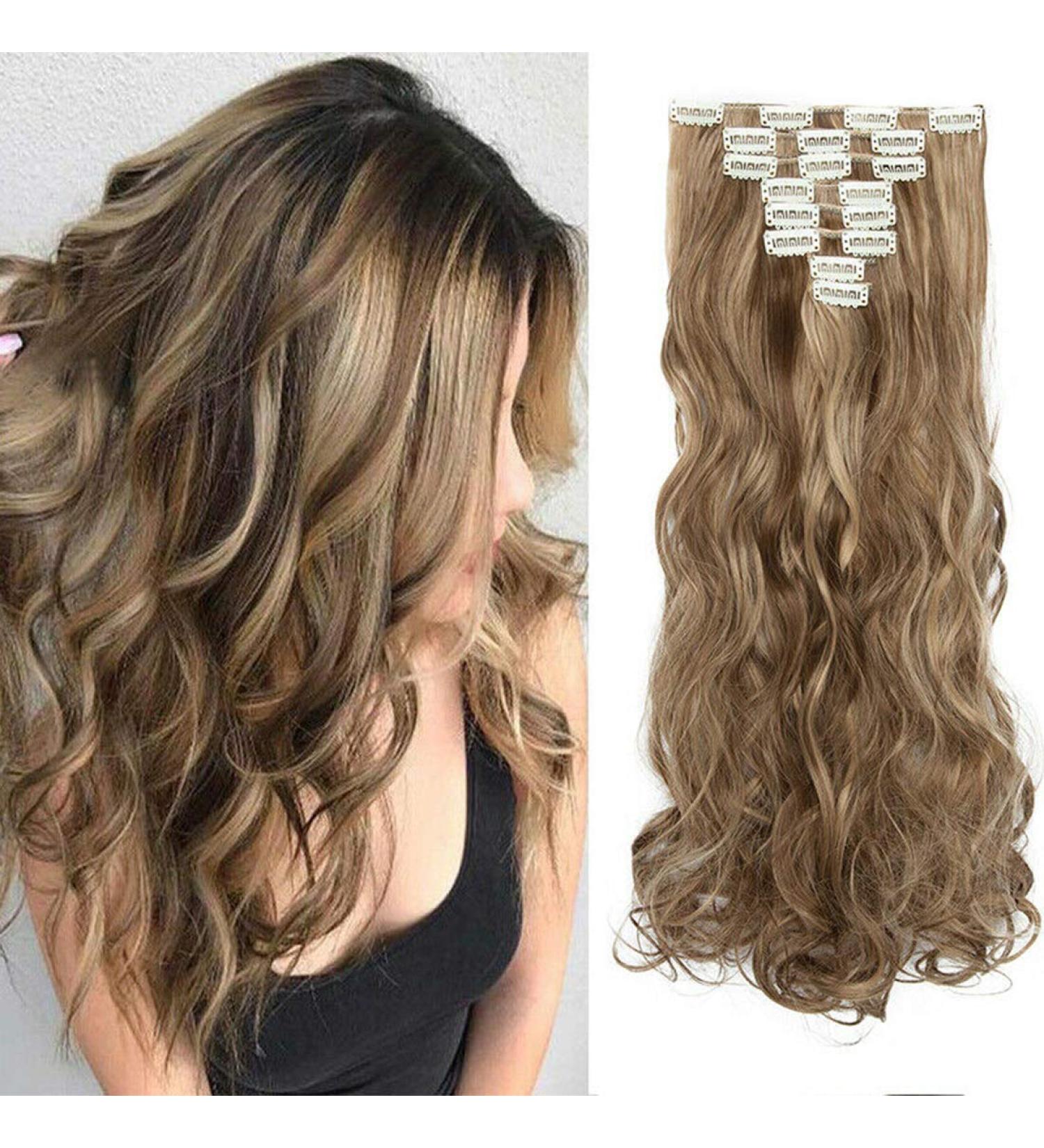 Premium Clip-In Hair Extensions - Realistic Synthetic 60cm Wavy Light Brown & Dark Blonde - 18 Clips for Full Head Volume - Buy Online on GoSupps.com