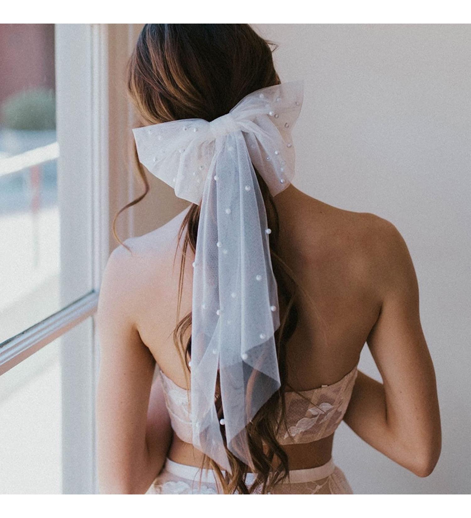 White Bow Hairpin Bridal Bridesmaid Net Pearl Hair Clip - Oversize Princess Bow Knot for Women - Ideal Bachelorette Party Gift - Buy Online on GoSupps.com