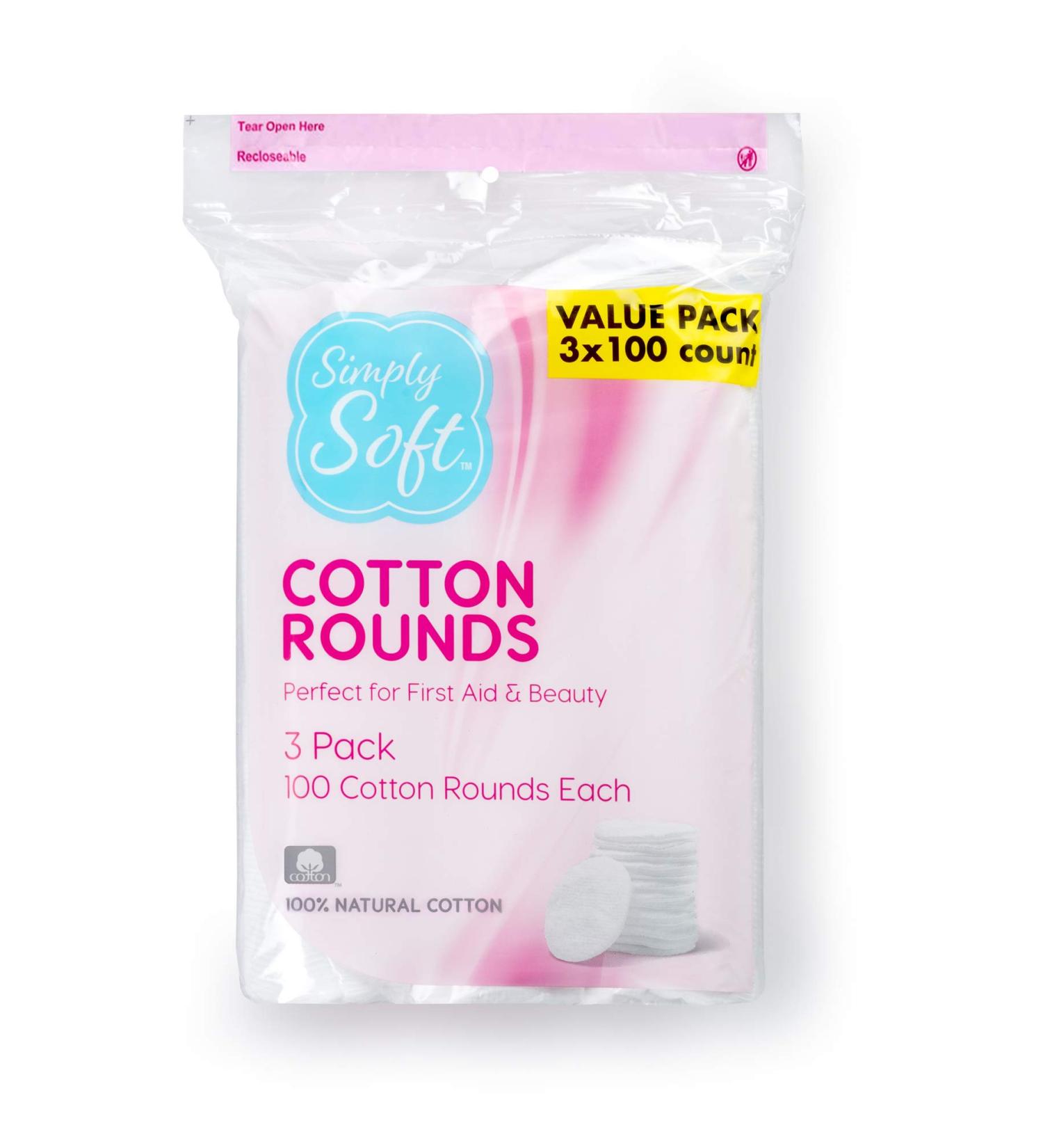 Simply Soft Cotton Rounds 100% Cotton - Absorbent & Textured Pads, Lint Free - 100 Count (Pack of 3) - Buy Online on GoSupps.com